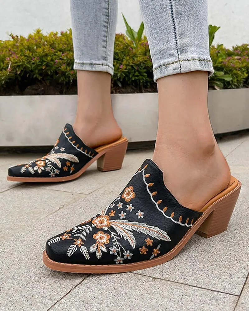 Floral Embroidery Chunky Heel Clogs