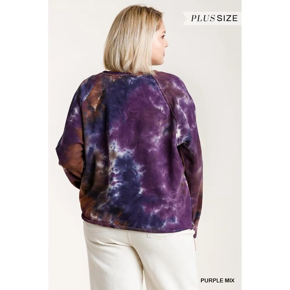 French Terry Tie-dye Raglan Long Sleeve Top With Raw Hem