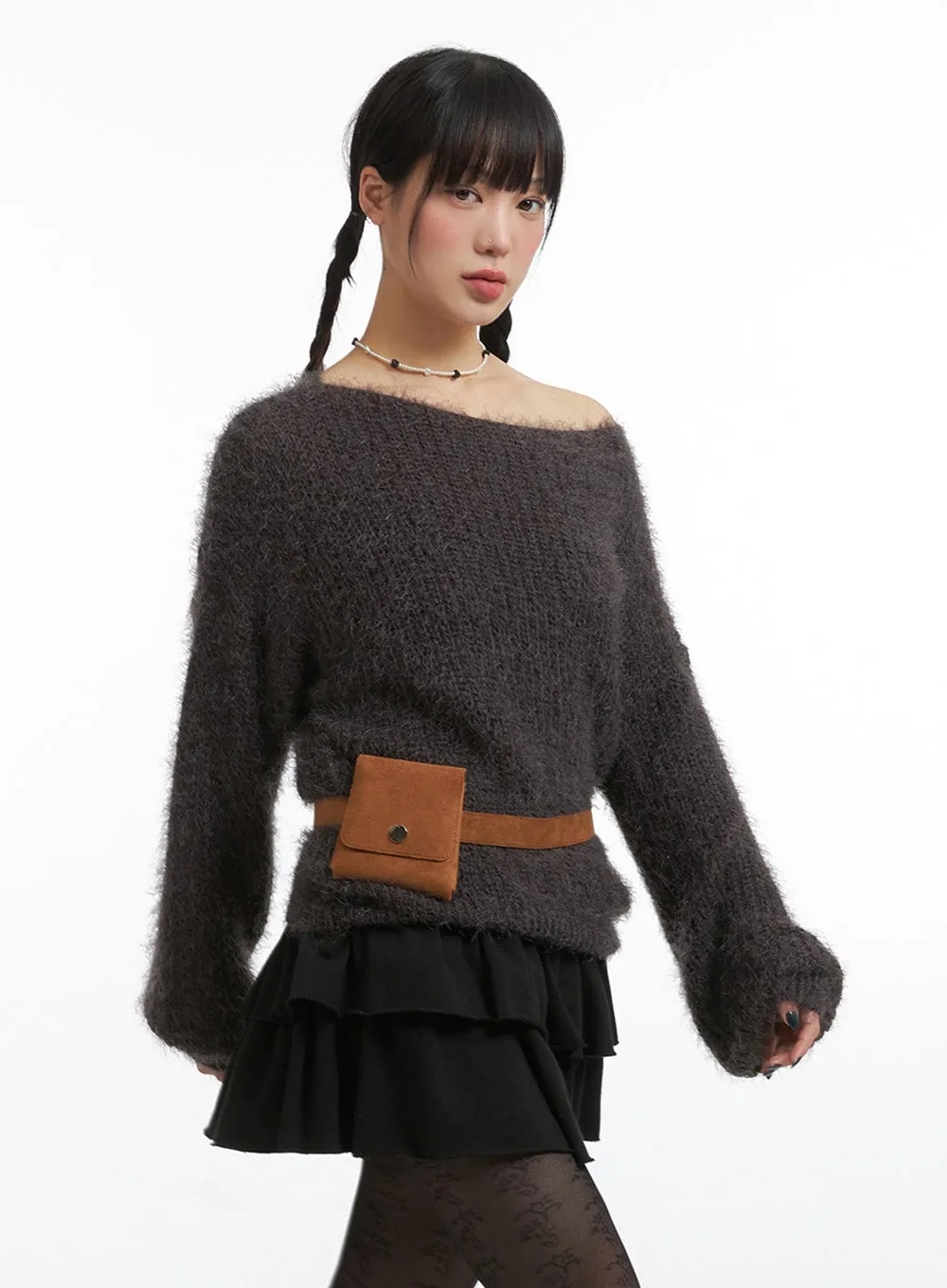 Fuzzy Boat Neck Knit Sweater IJ410