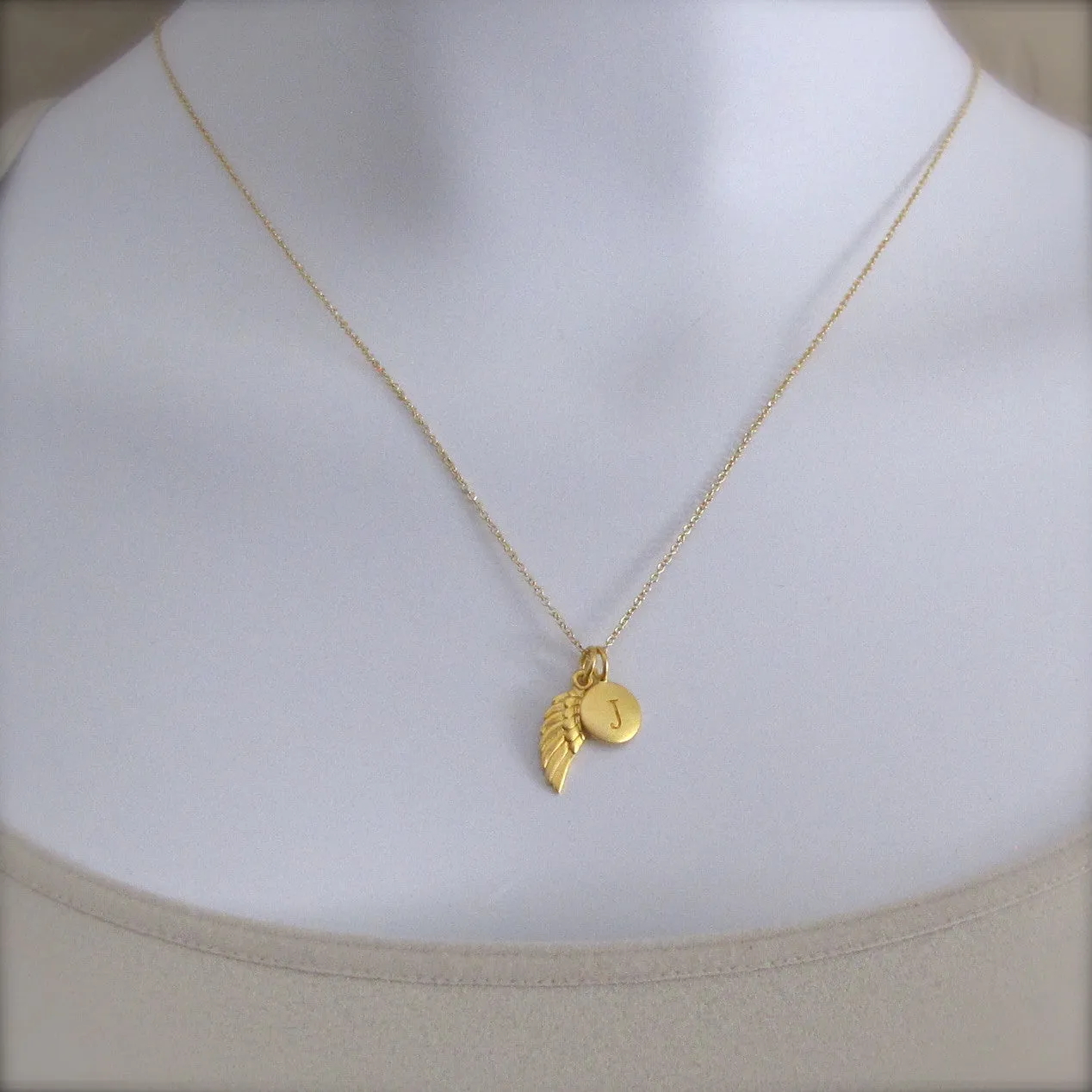 Gold Initial & Angel Wing Charm Necklace