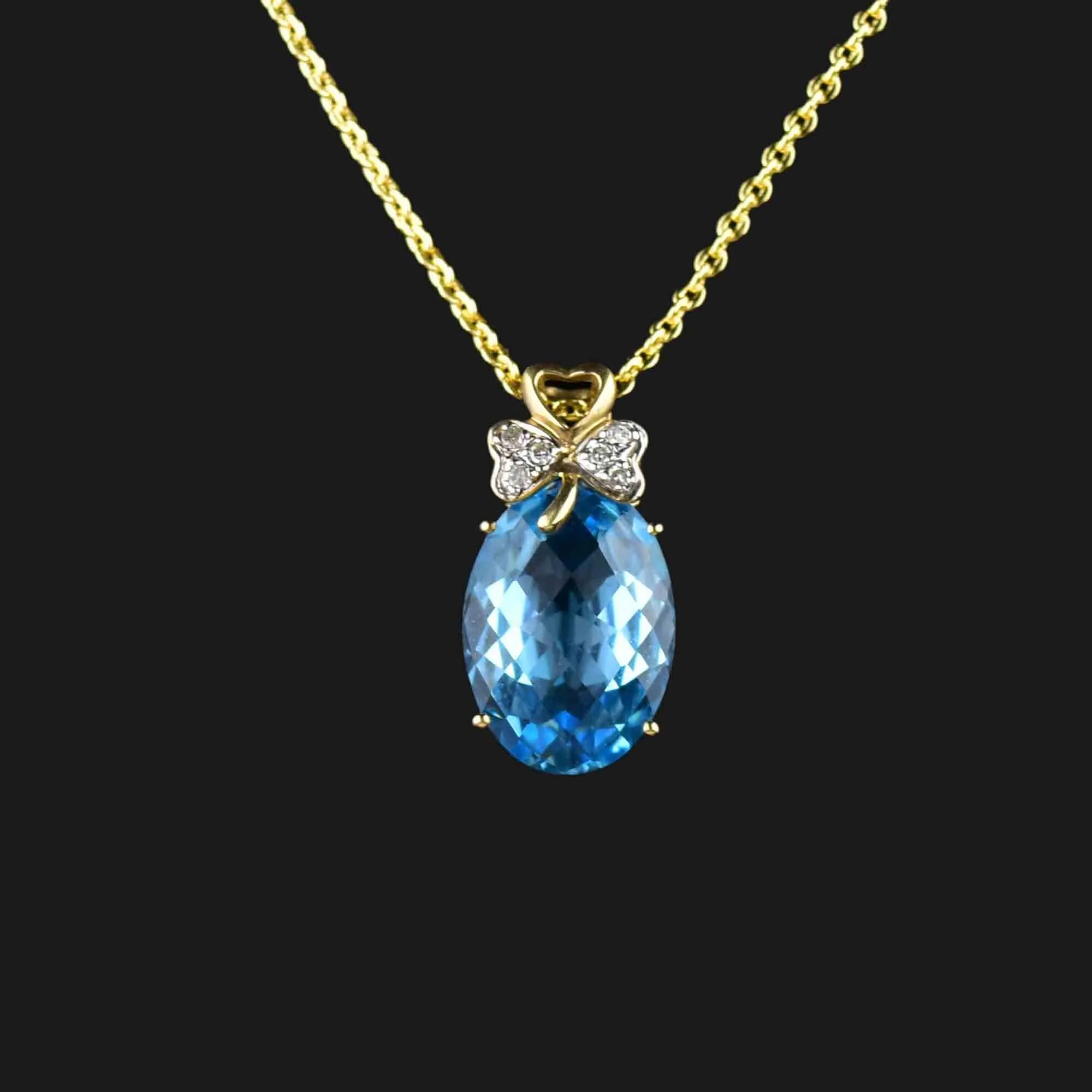 Gold Three Leaf Clover Diamond Blue Topaz Pendant Necklace