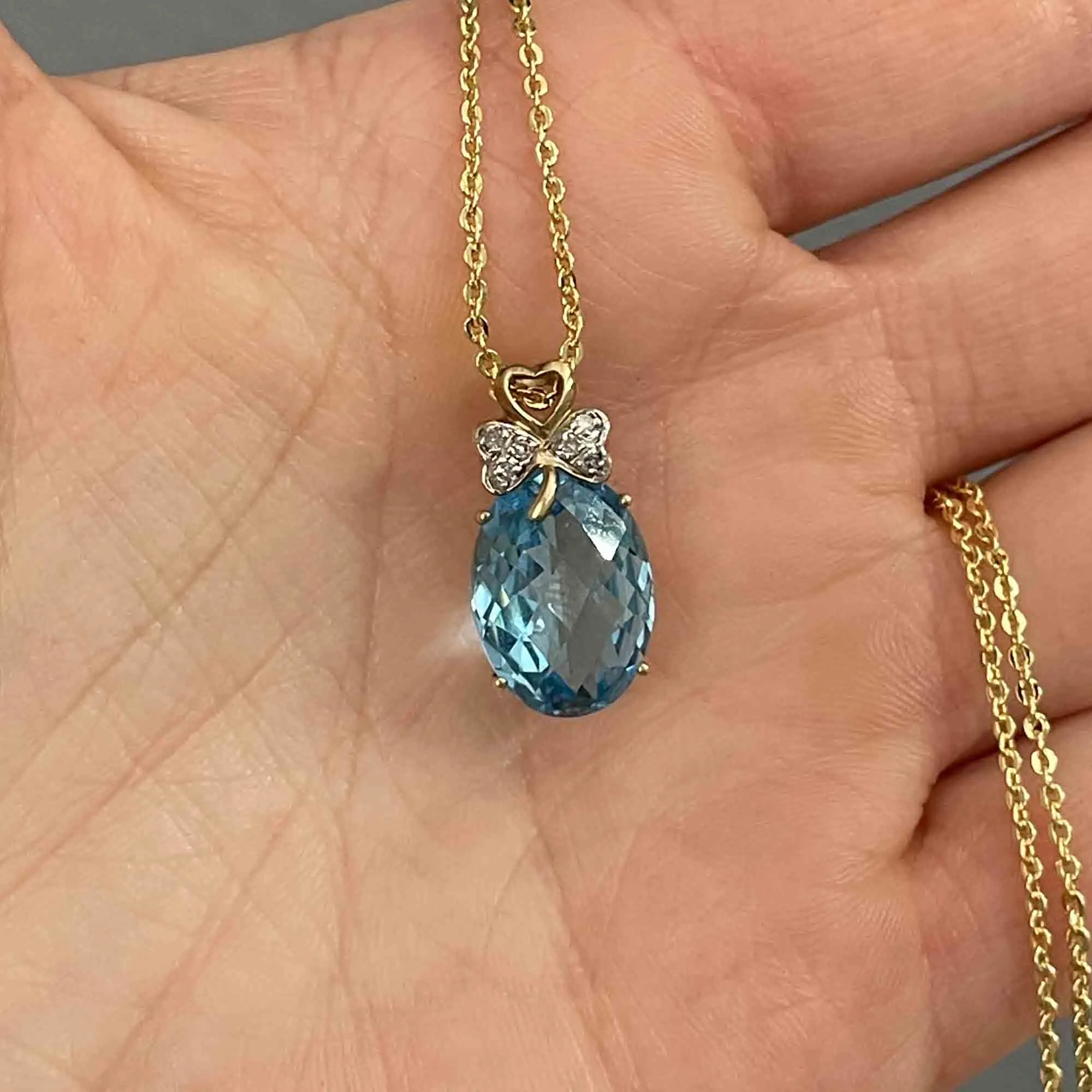 Gold Three Leaf Clover Diamond Blue Topaz Pendant Necklace