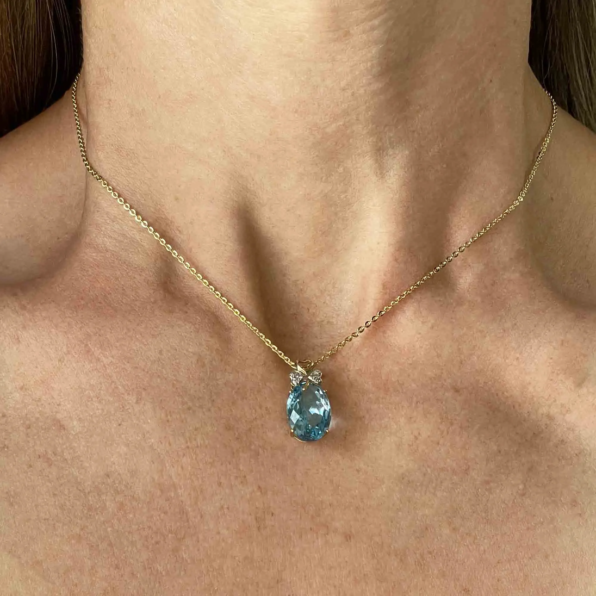 Gold Three Leaf Clover Diamond Blue Topaz Pendant Necklace