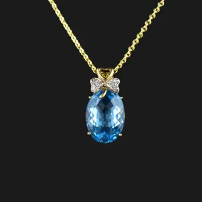 Gold Three Leaf Clover Diamond Blue Topaz Pendant Necklace