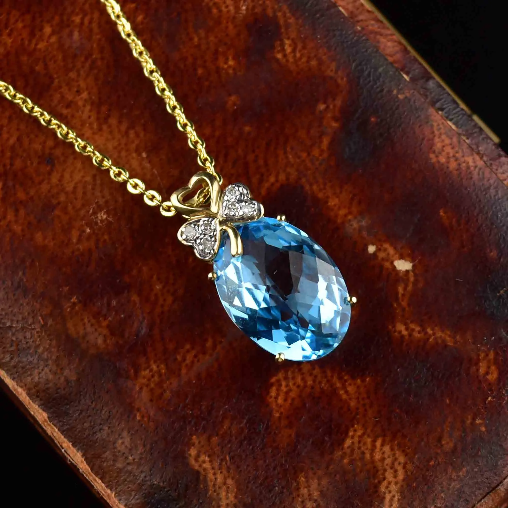 Gold Three Leaf Clover Diamond Blue Topaz Pendant Necklace