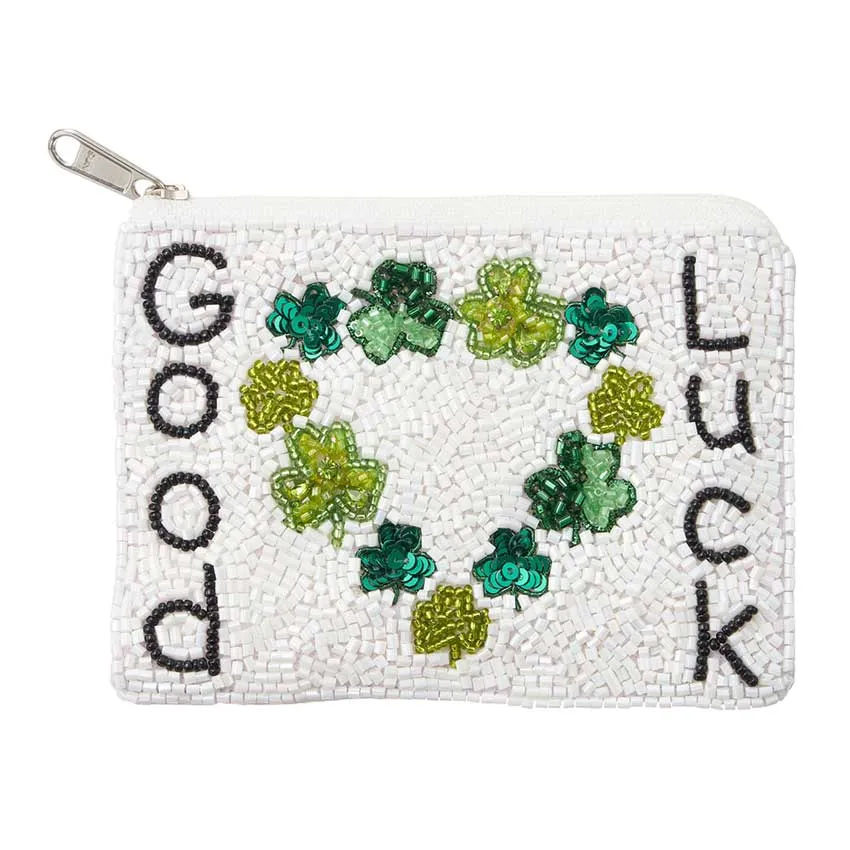 GOOD LUCK St Patricks Clover Heart Beaded Mini Pouch Bag