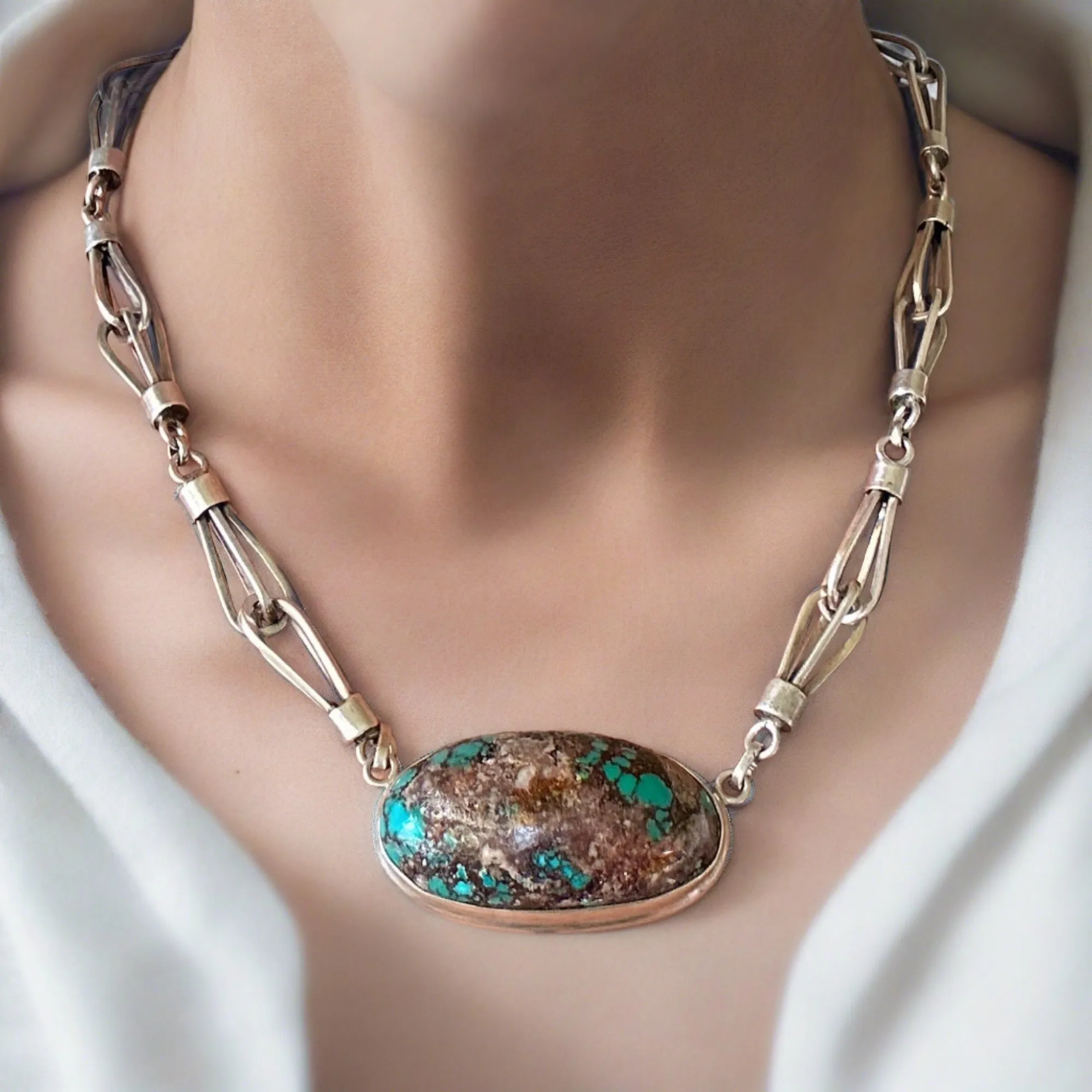 Heavy Arts & Crafts Style Silver Turquoise Necklace