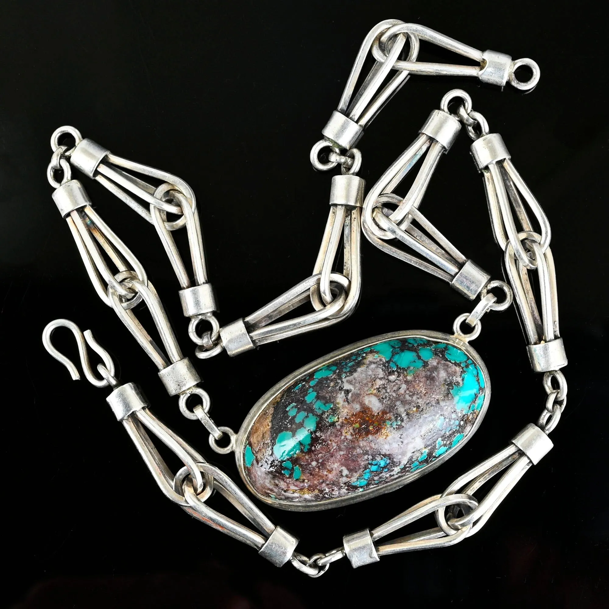 Heavy Arts & Crafts Style Silver Turquoise Necklace