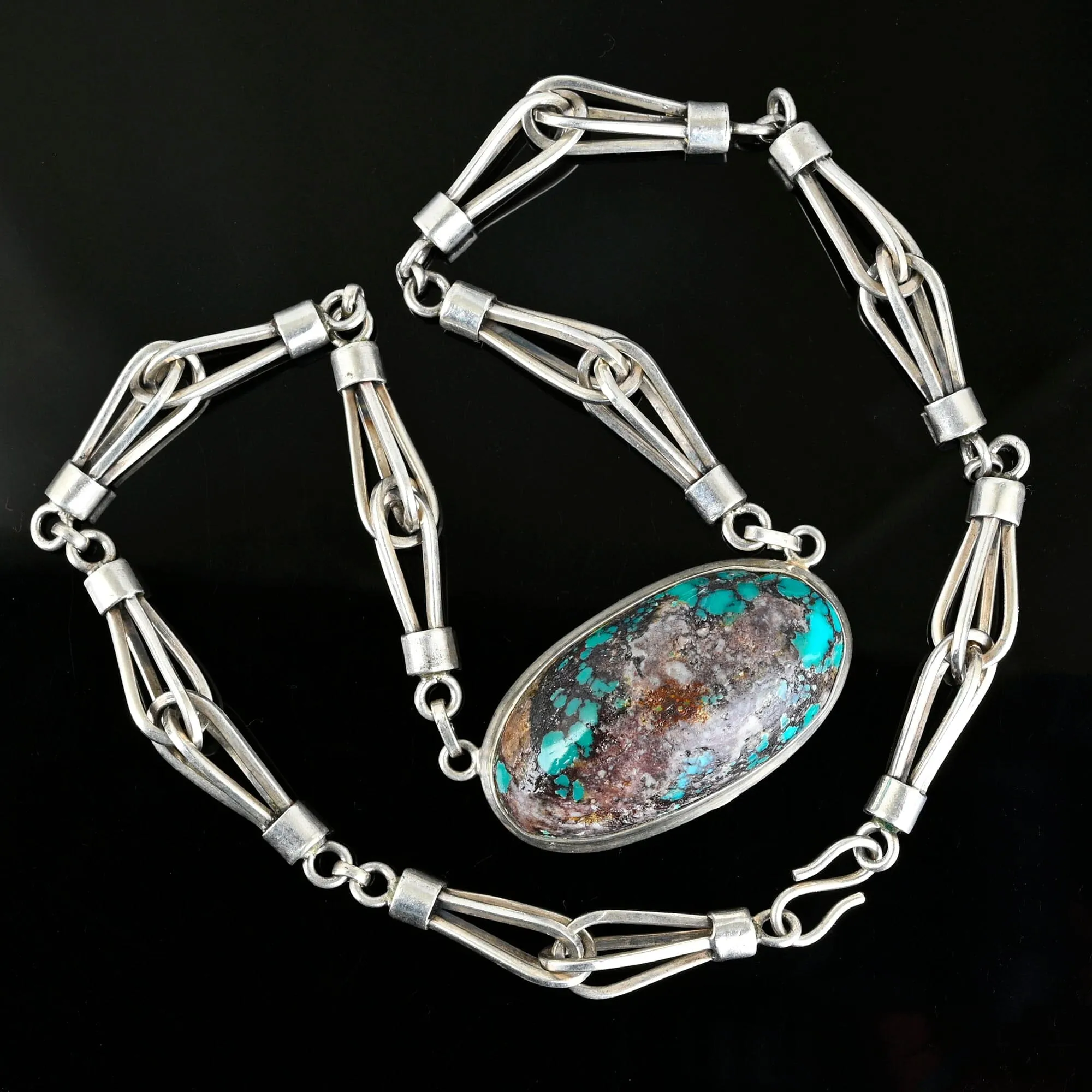 Heavy Arts & Crafts Style Silver Turquoise Necklace