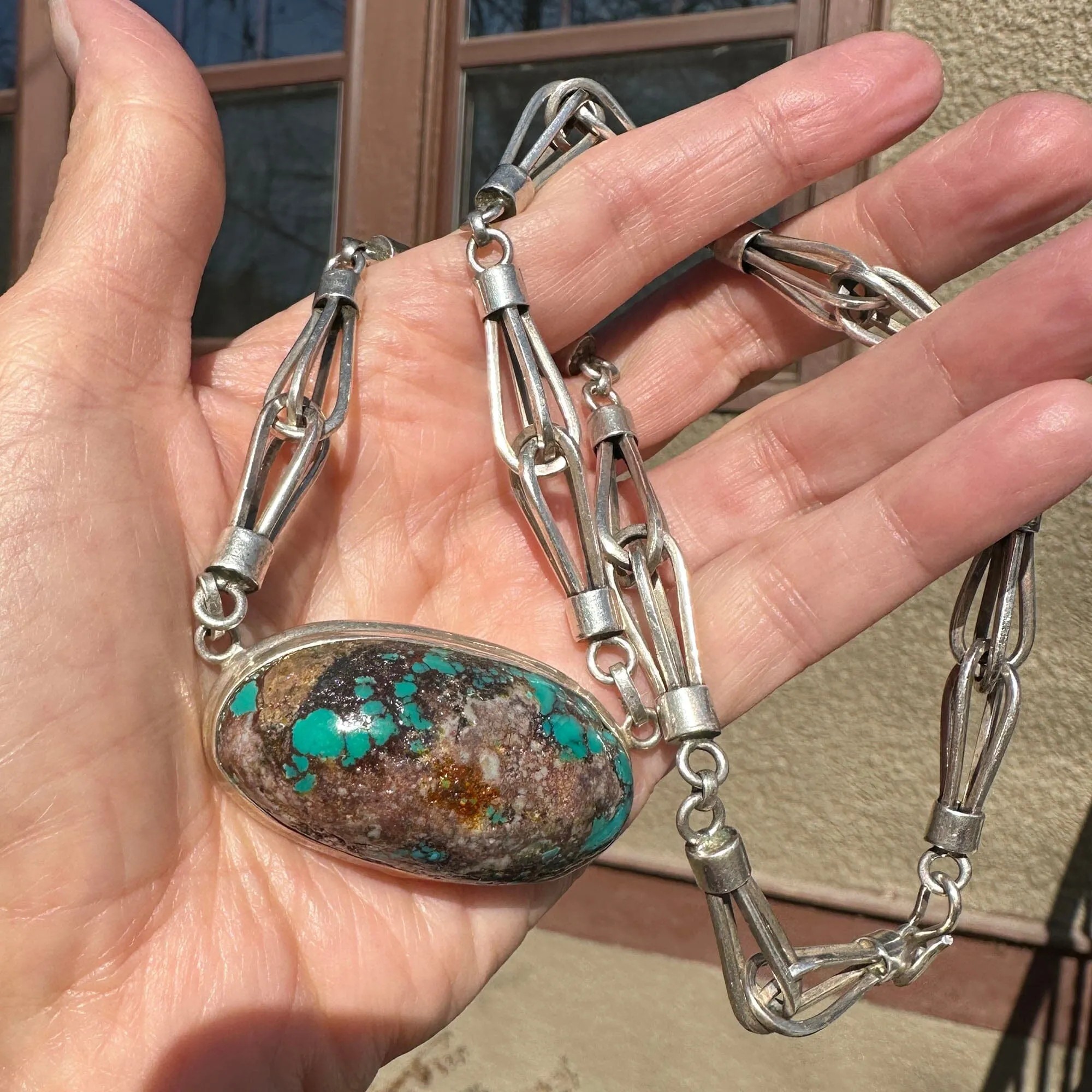 Heavy Arts & Crafts Style Silver Turquoise Necklace