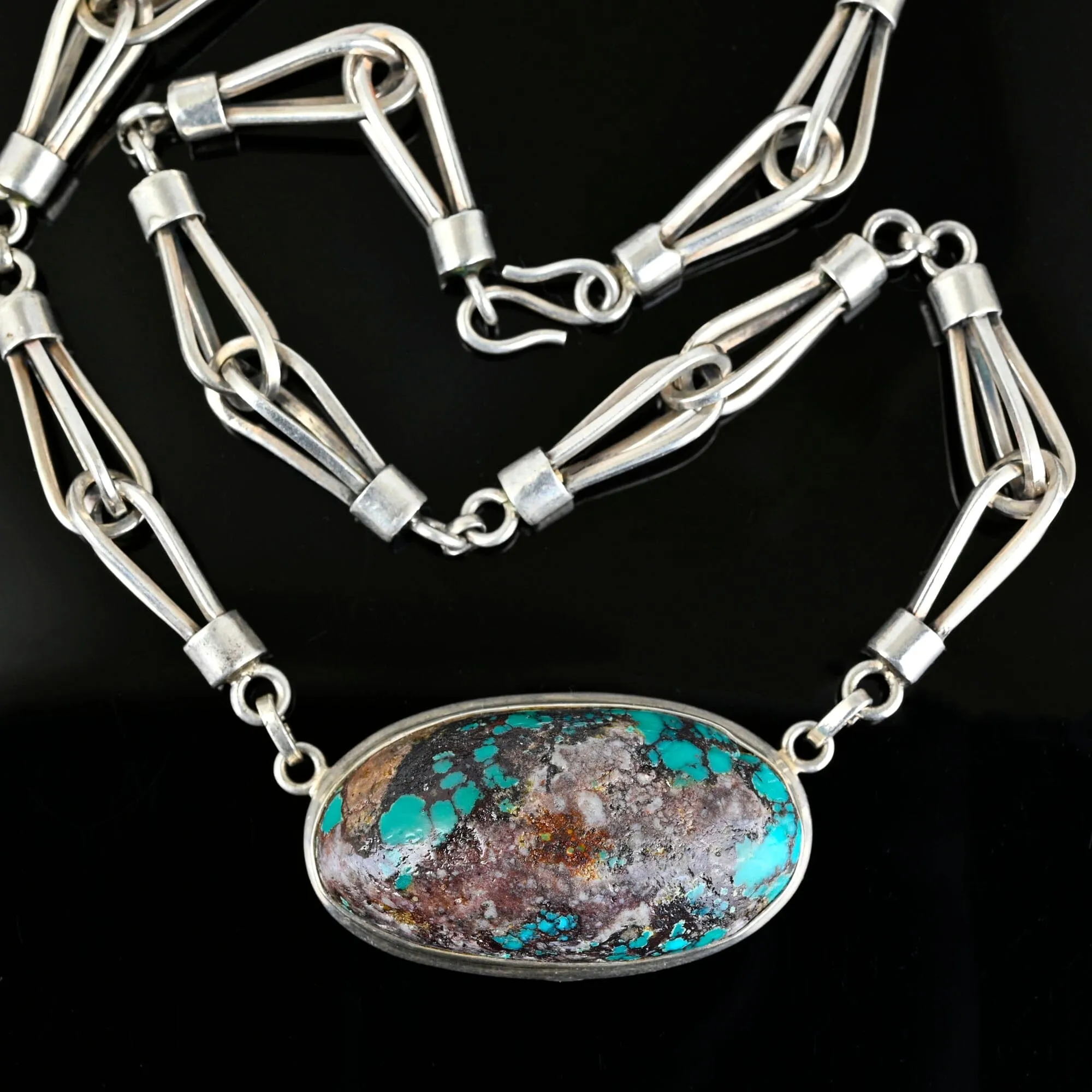 Heavy Arts & Crafts Style Silver Turquoise Necklace