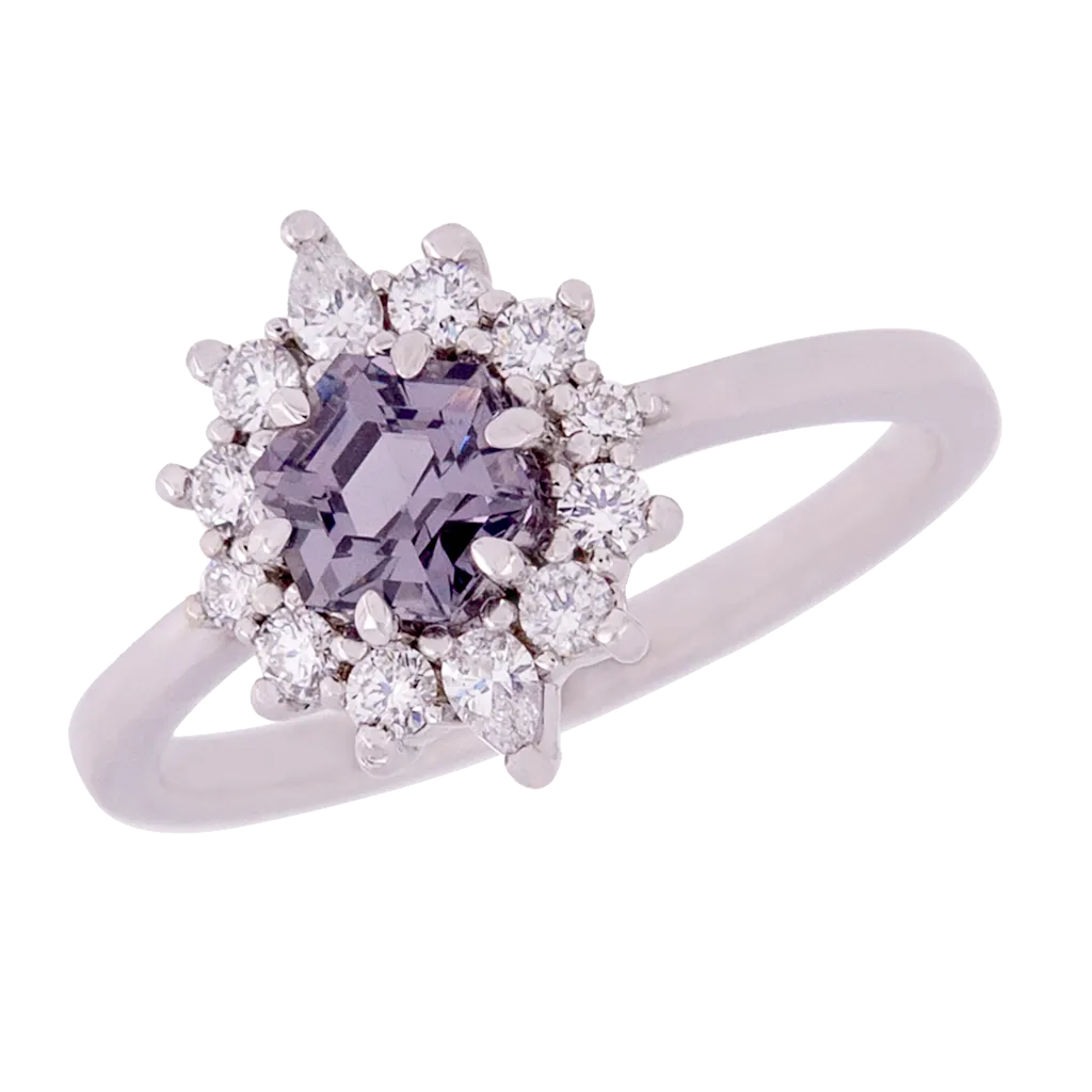 Hexagon Lavender Spinel With Diamond Halo Ring