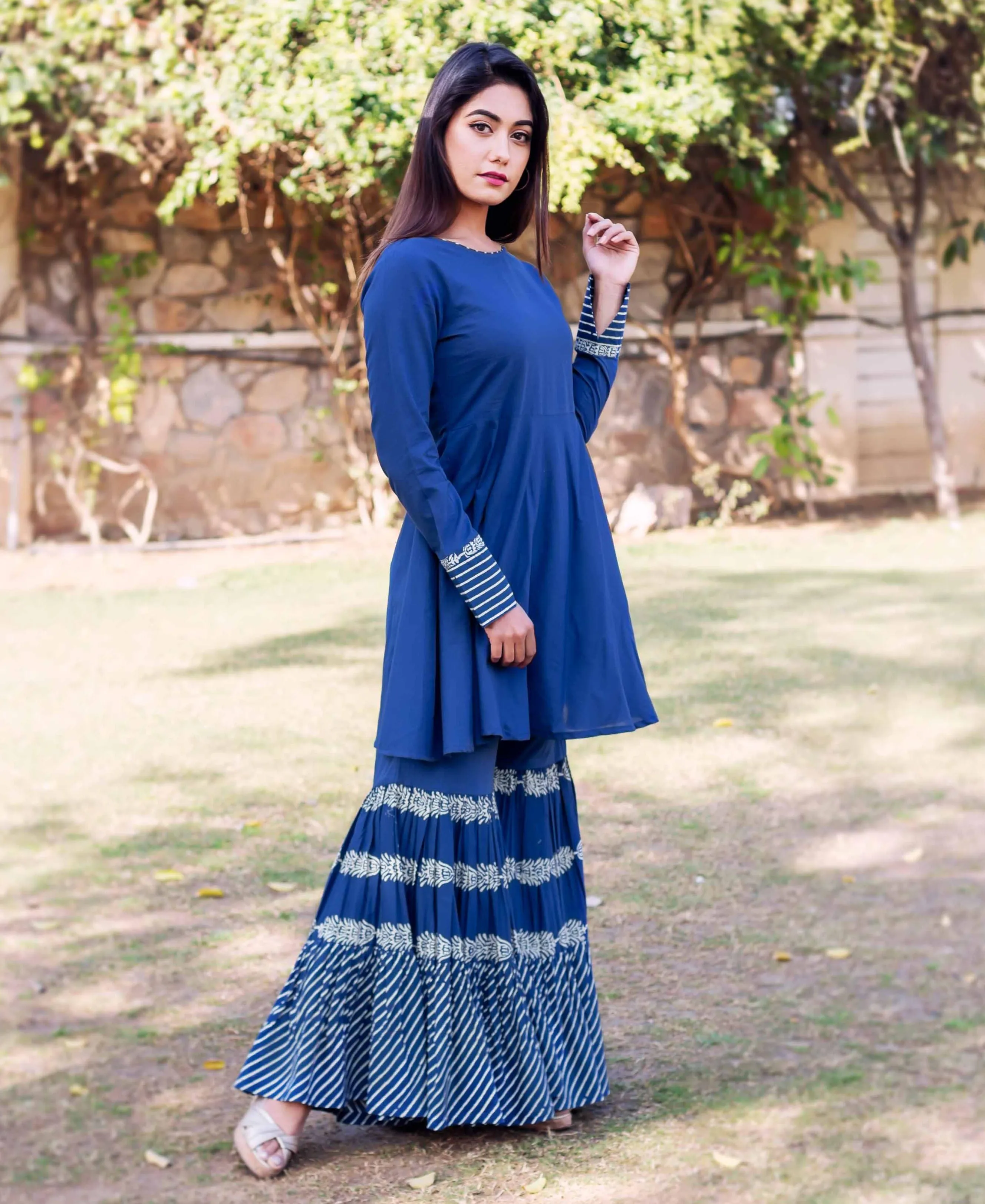 Indigo Short Frill Kurta with Tiered Sharara