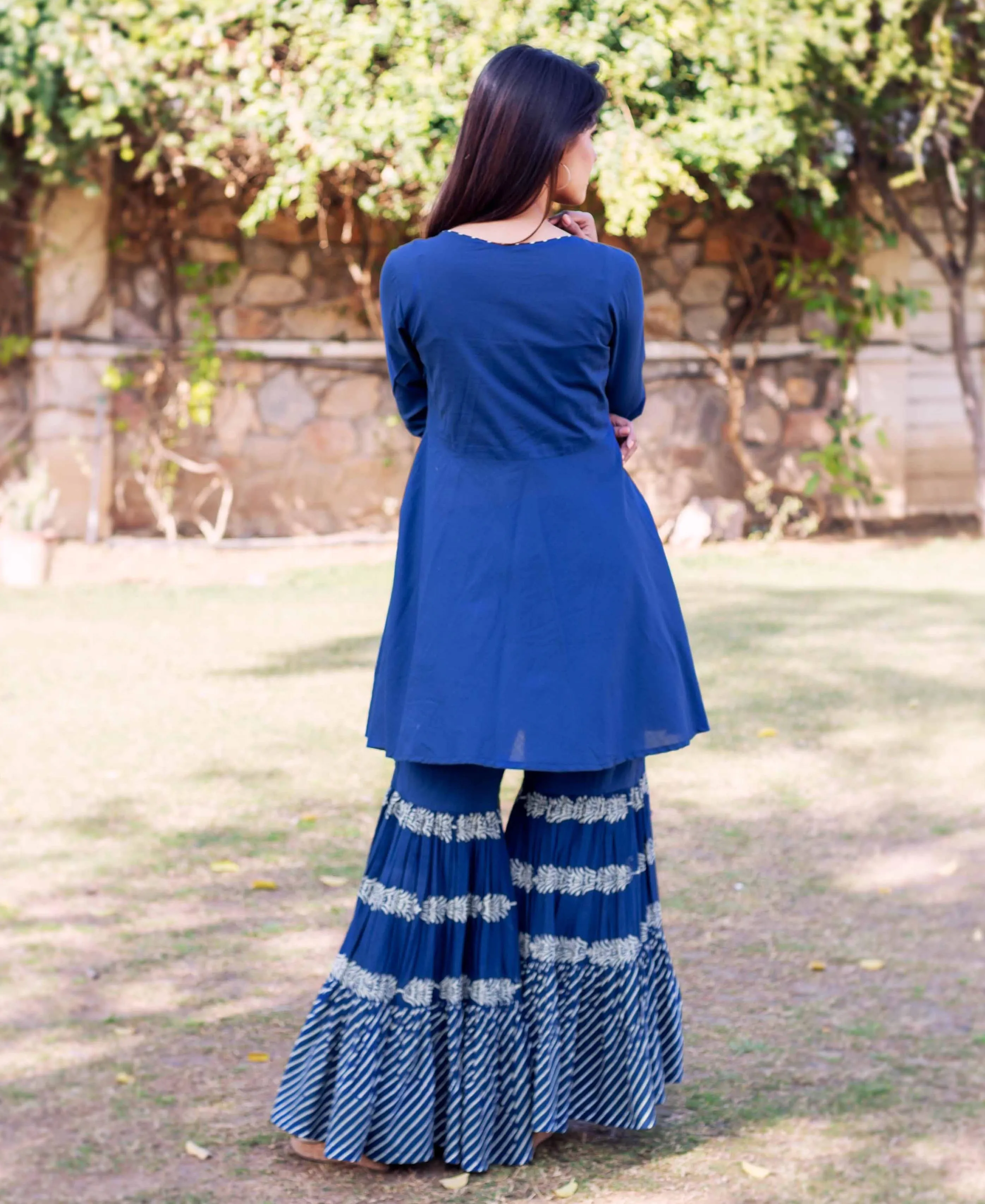 Indigo Short Frill Kurta with Tiered Sharara