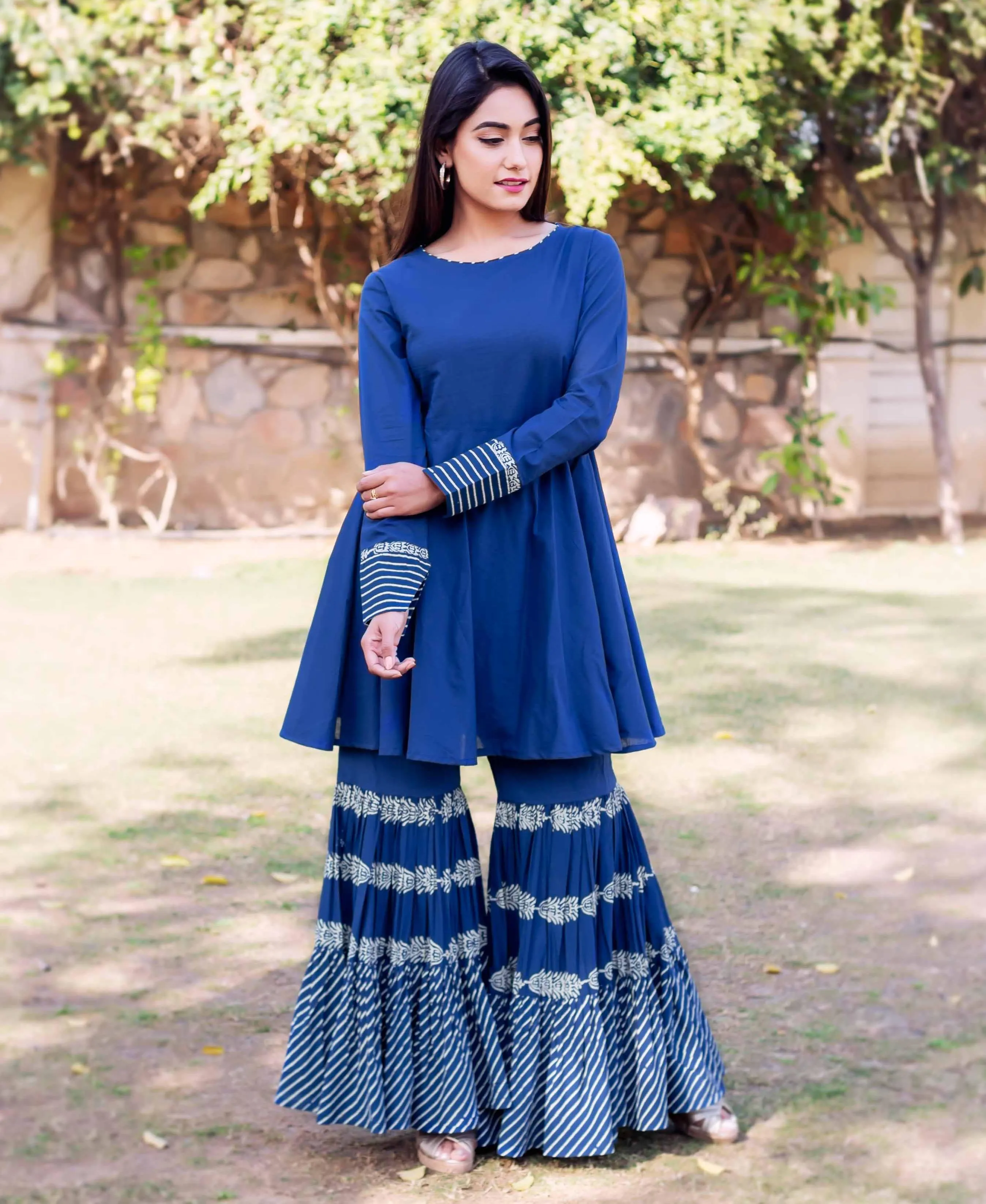 Indigo Short Frill Kurta with Tiered Sharara