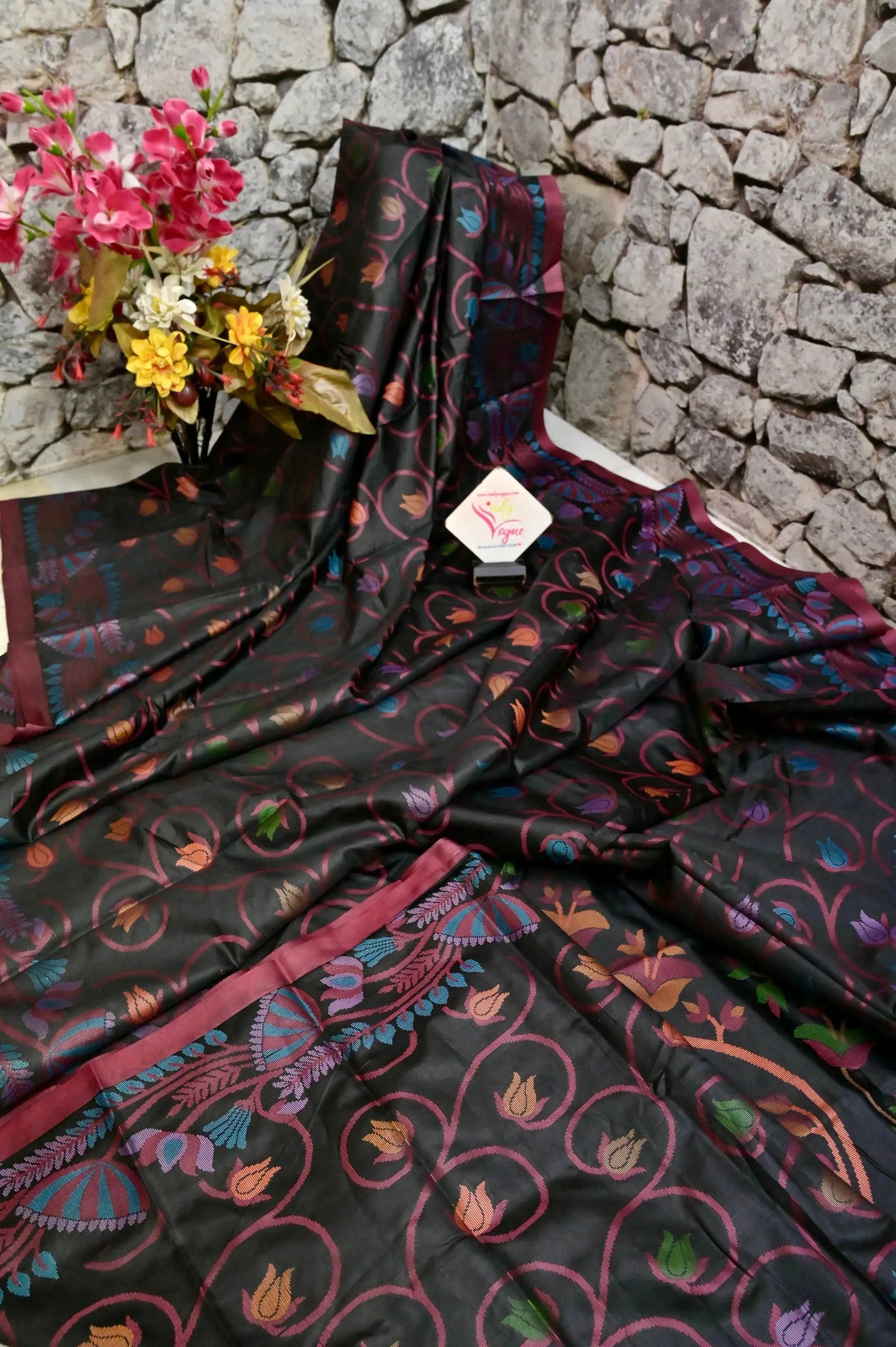 Jet Black Color Bangalore Silk Saree with Multicolored Jamdani Weaving