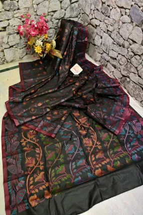 Jet Black Color Bangalore Silk Saree with Multicolored Jamdani Weaving