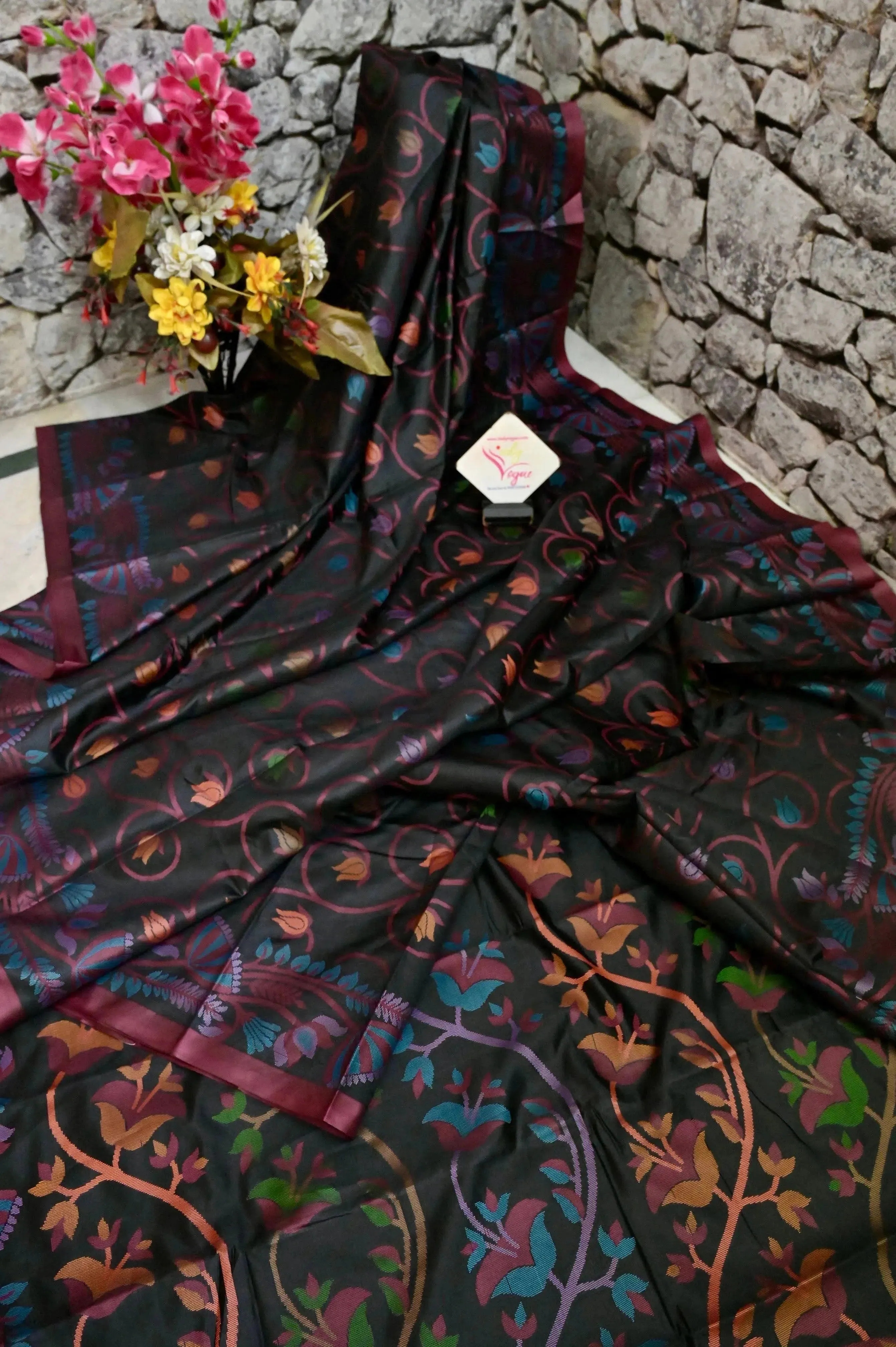 Jet Black Color Bangalore Silk Saree with Multicolored Jamdani Weaving