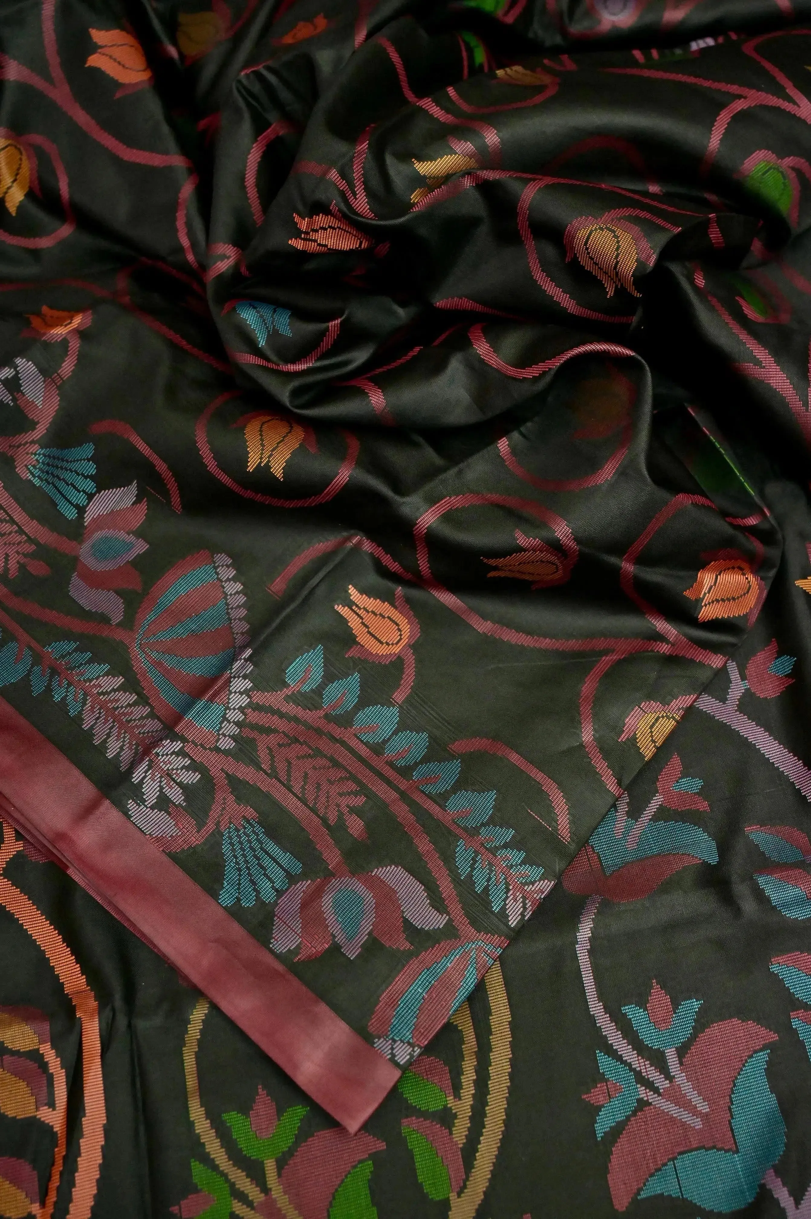 Jet Black Color Bangalore Silk Saree with Multicolored Jamdani Weaving