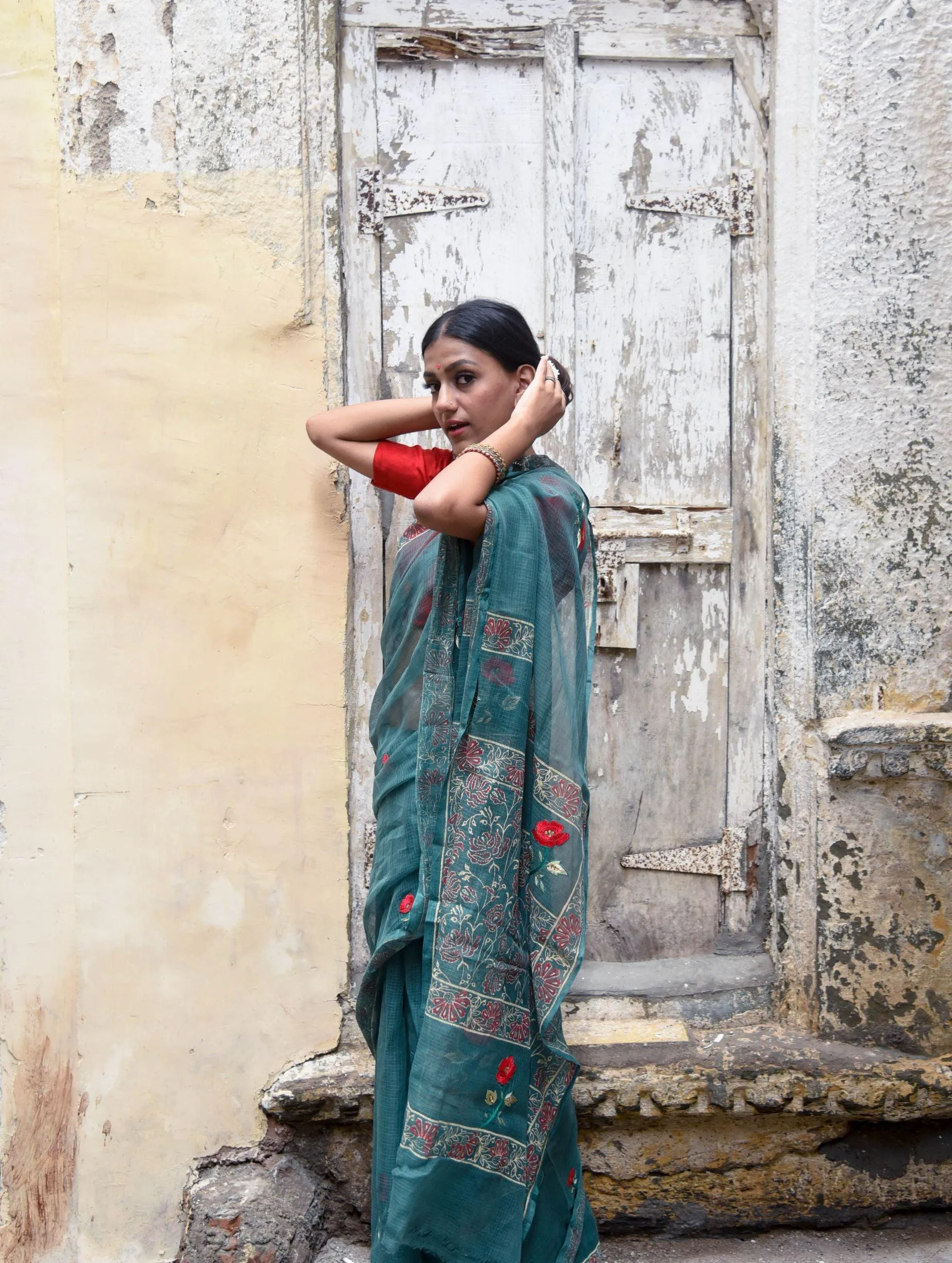 Kaisori Kota saree - Togor embroidered and handblockprinted Kota saree