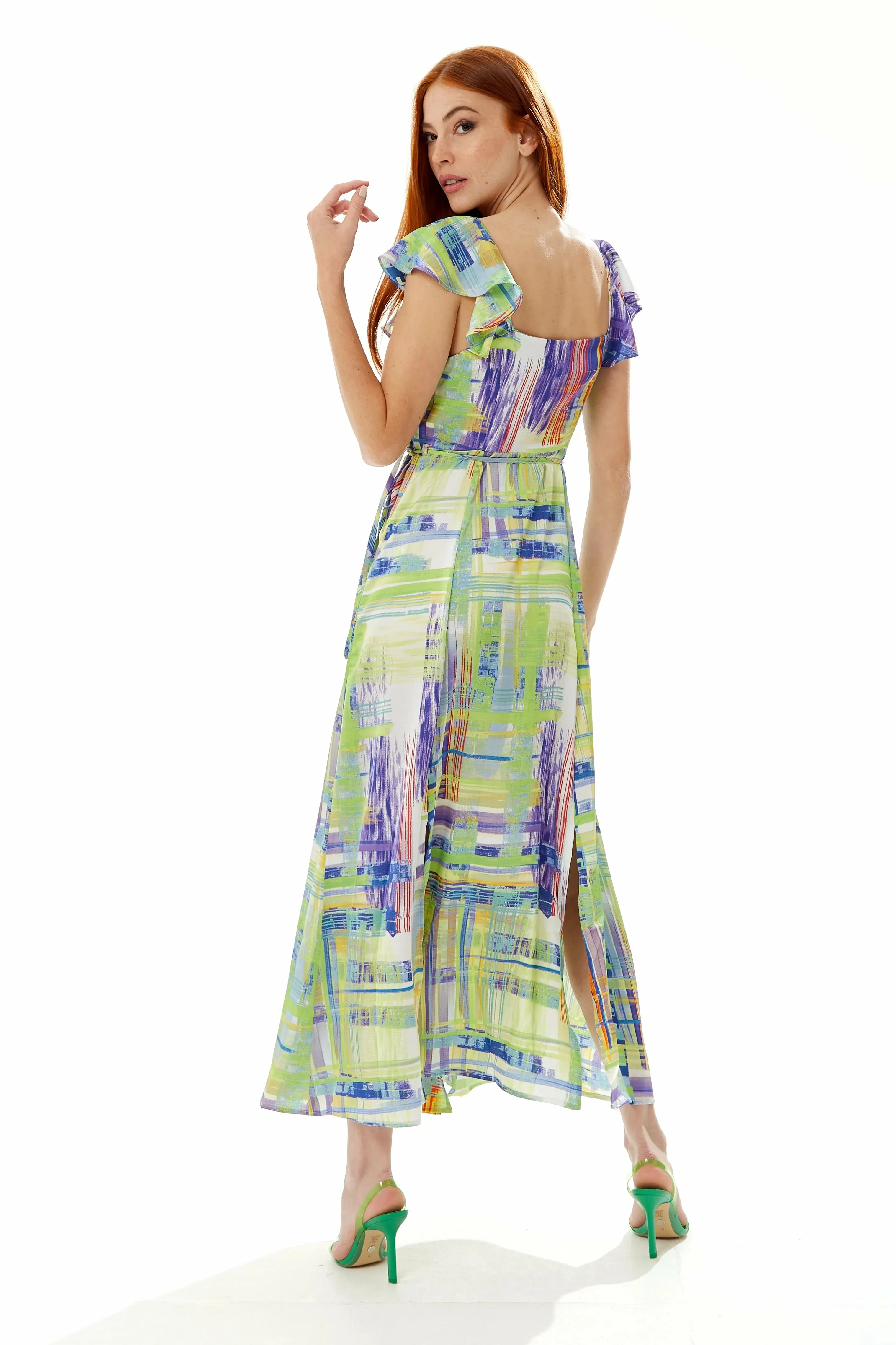 Liquorish Abstract Print Maxi Wrap Dress In Sage And Purple