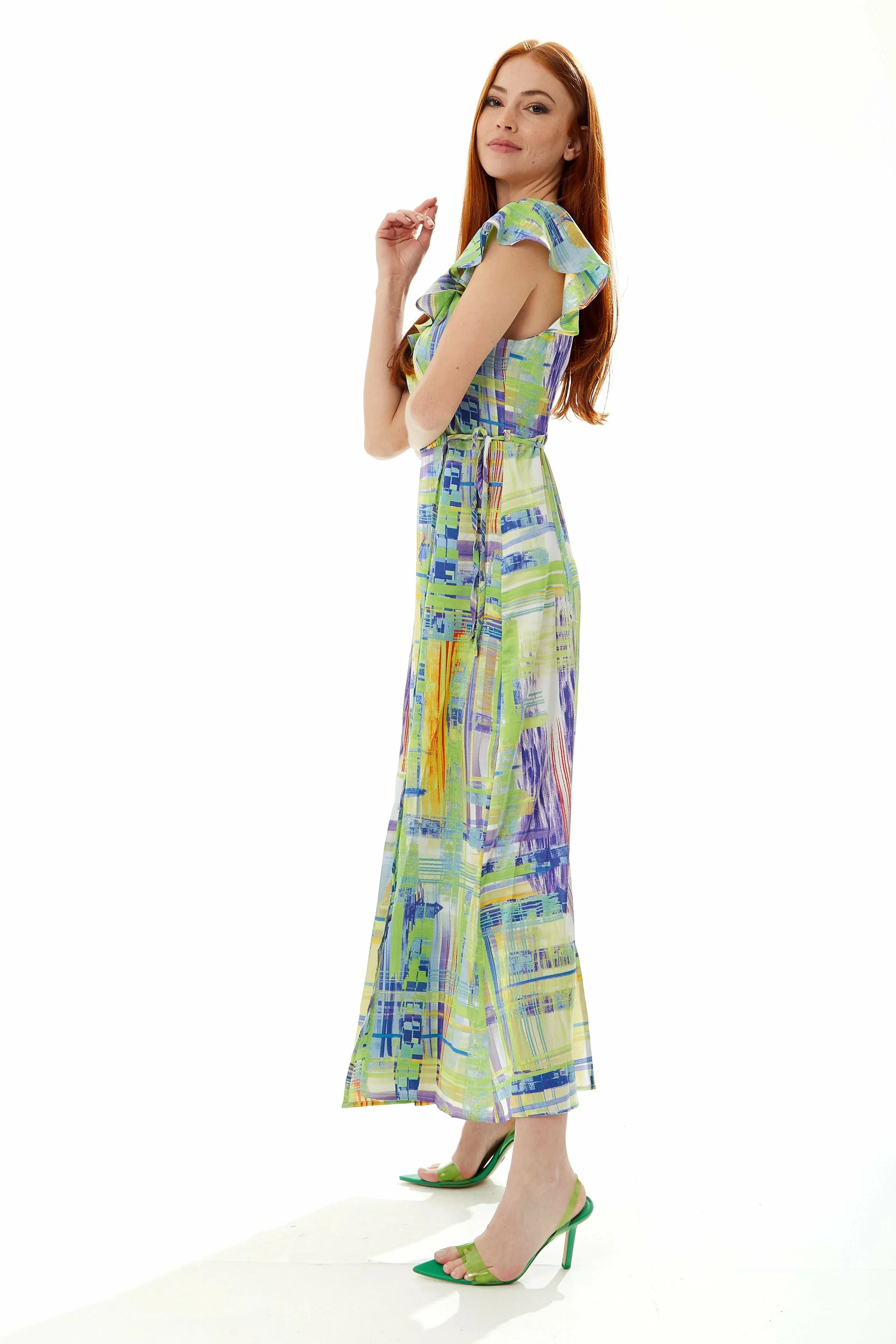 Liquorish Abstract Print Maxi Wrap Dress In Sage And Purple