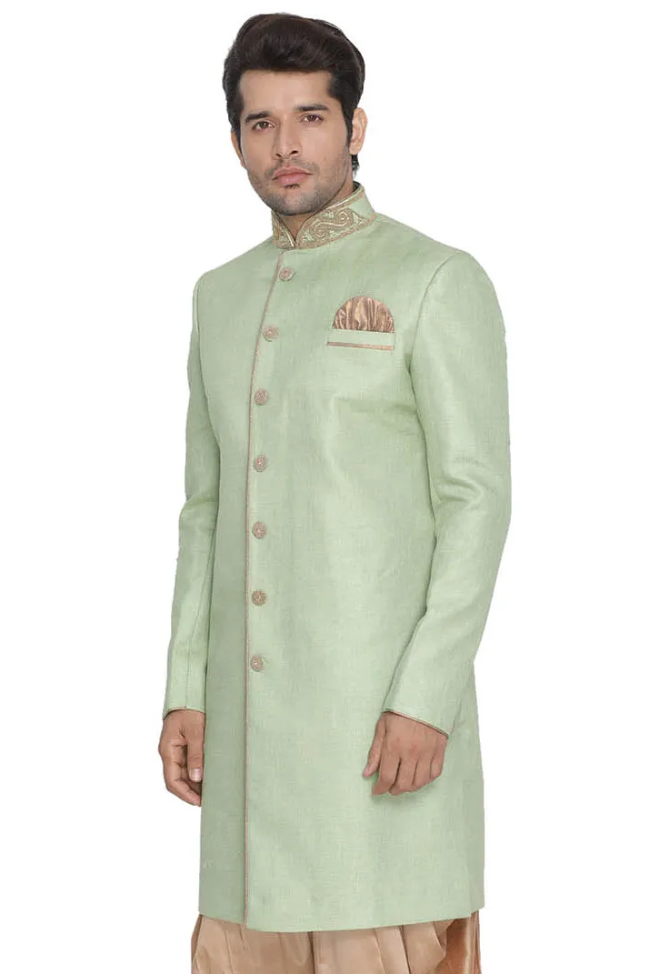 Men's Green Jute Cotton Blend Sherwani Top