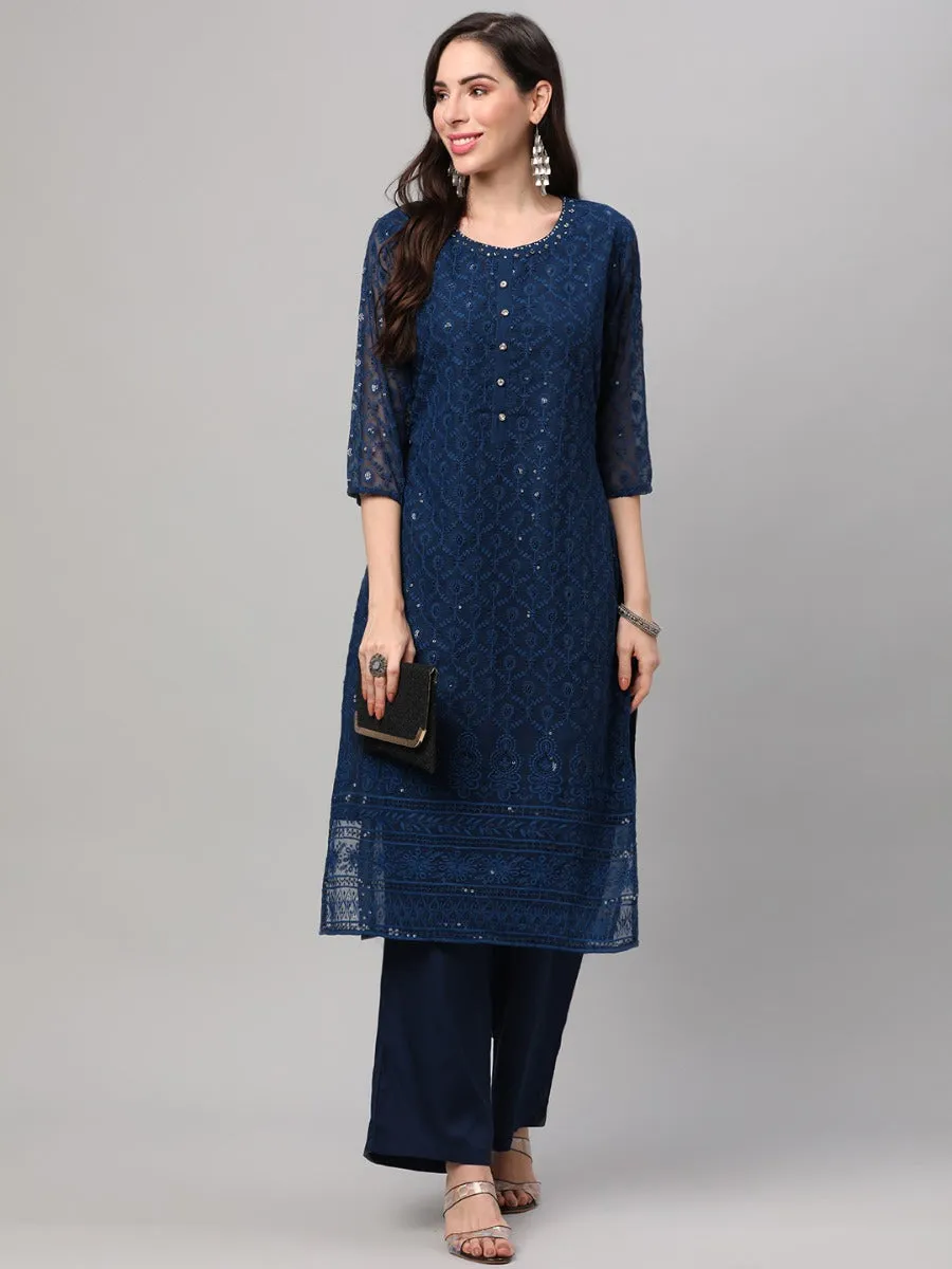 Navy Embroidered Kurta Comfort Pant Dupatta