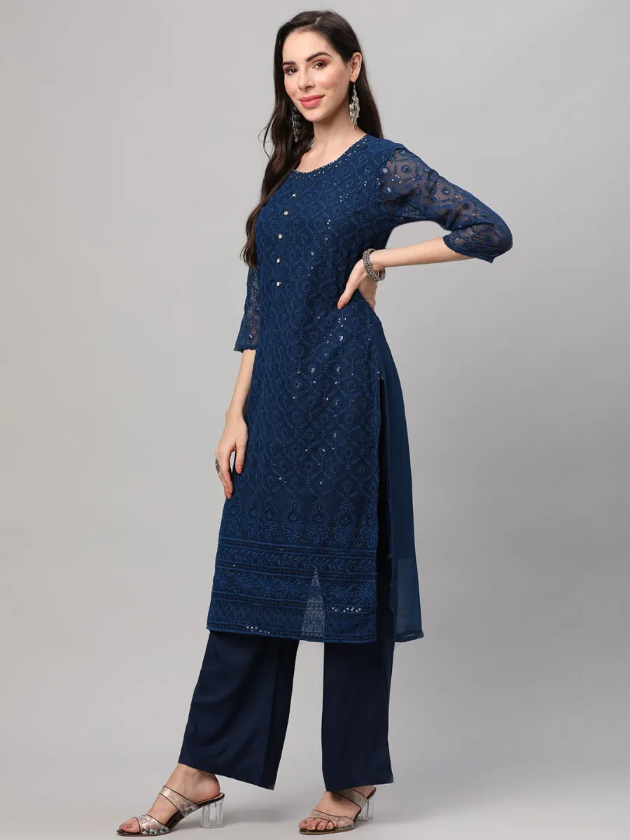 Navy Embroidered Kurta Comfort Pant Dupatta