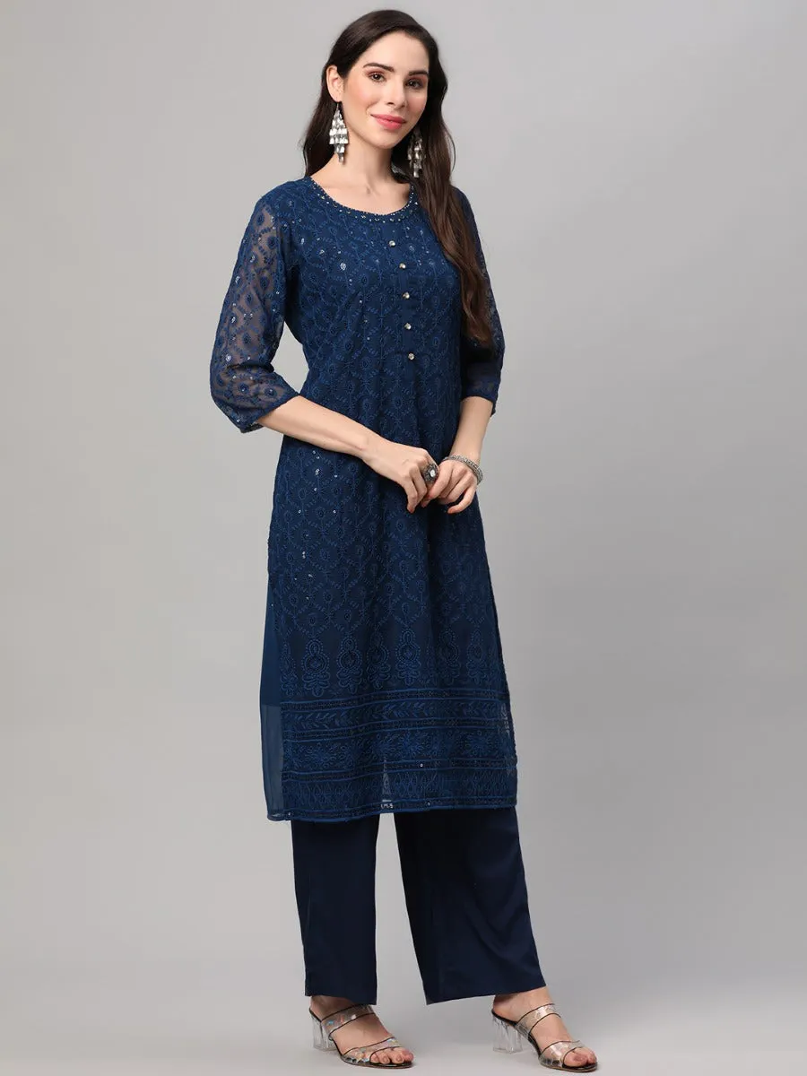 Navy Embroidered Kurta Comfort Pant Dupatta