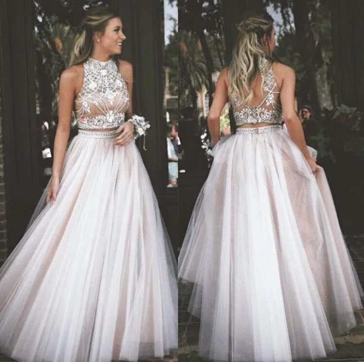 New Style Sexy Two Piece silver beaded bodice High Neck Tulle Skirts Champagne Prom Dress