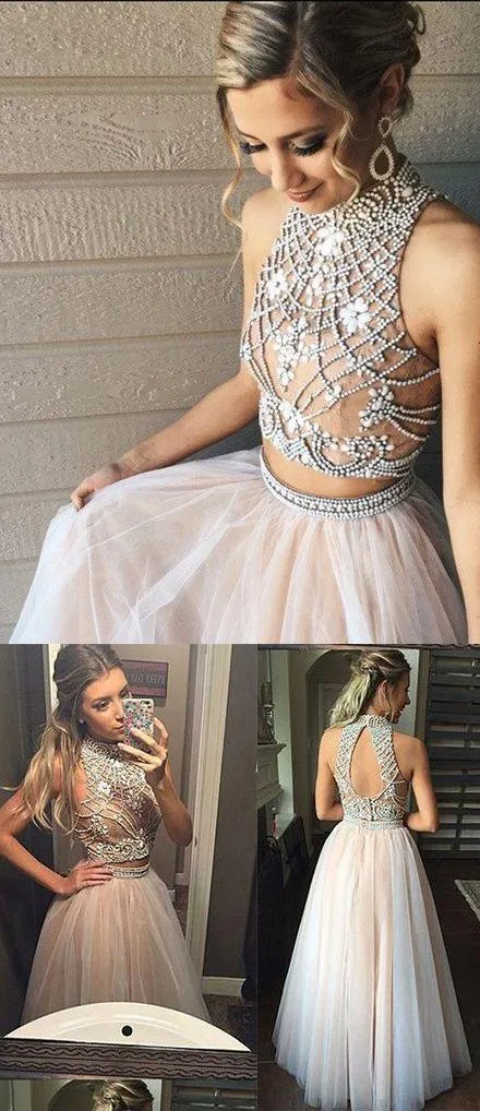 New Style Sexy Two Piece silver beaded bodice High Neck Tulle Skirts Champagne Prom Dress