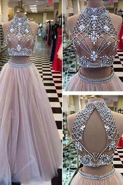 New Style Sexy Two Piece silver beaded bodice High Neck Tulle Skirts Champagne Prom Dress