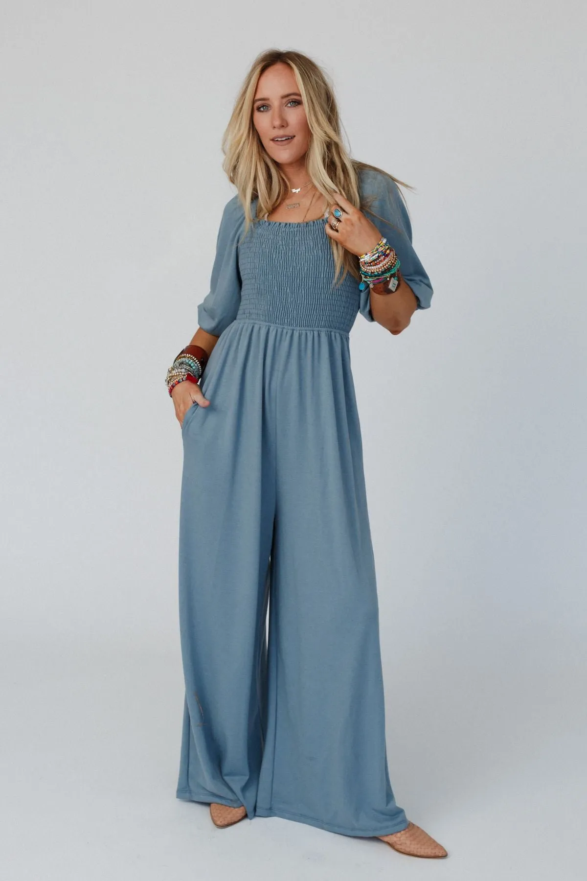 Nick Of Time Smocked Jumpsuit - Gunmetal