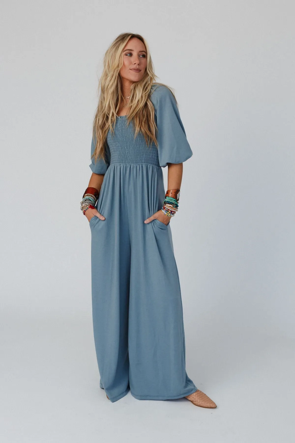 Nick Of Time Smocked Jumpsuit - Gunmetal