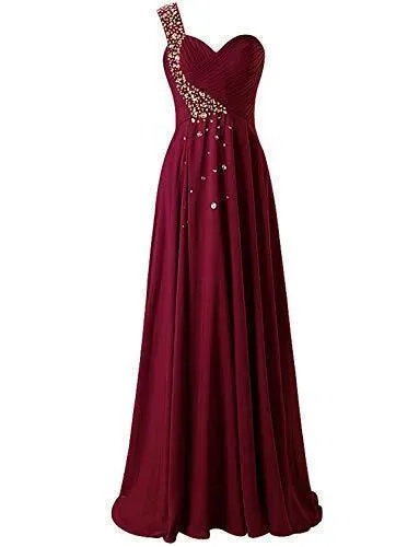 One Shoulder Long Bridesmaid Prom Dresses Chiffon Evening Gowns