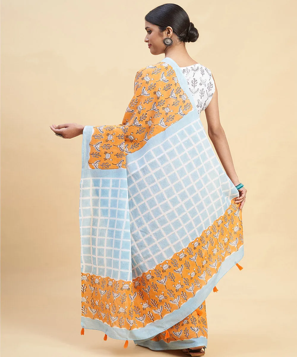 Orange sky blue cotton hand block sanganeri printed saree