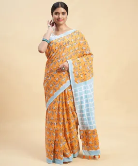 Orange sky blue cotton hand block sanganeri printed saree