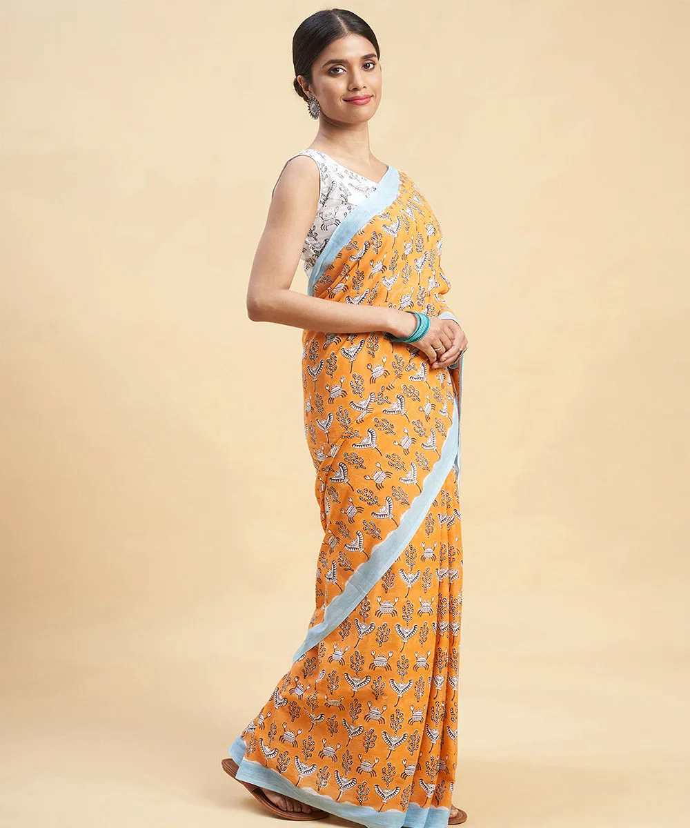 Orange sky blue cotton hand block sanganeri printed saree