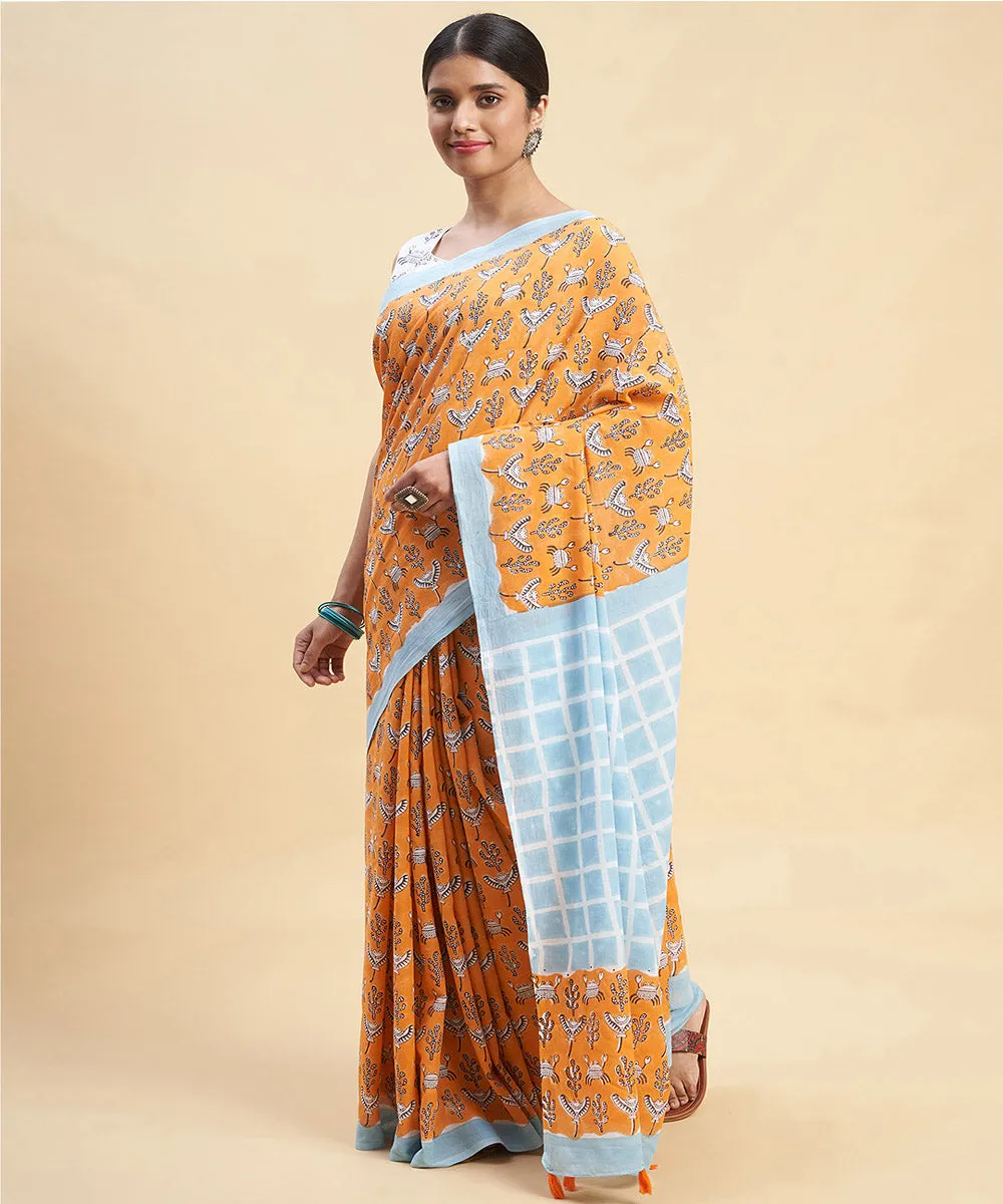 Orange sky blue cotton hand block sanganeri printed saree