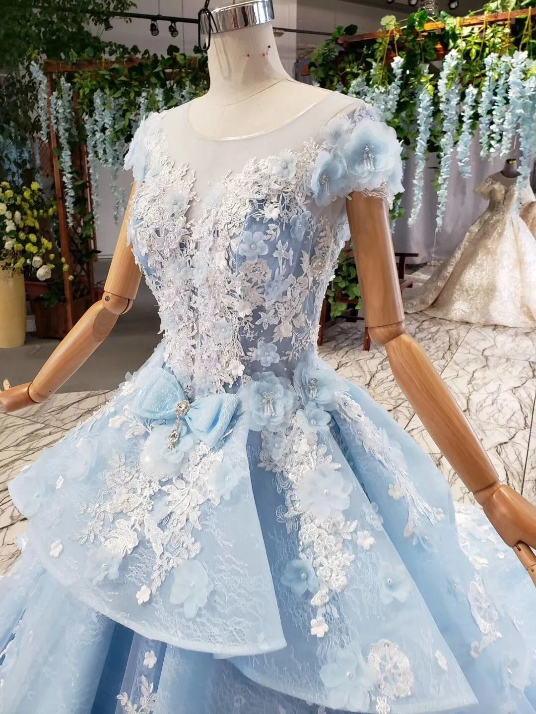 Princess Light Blue Ball Gown Cap Sleeve Prom Dresses with 3D Flowers Quinceanera Dress