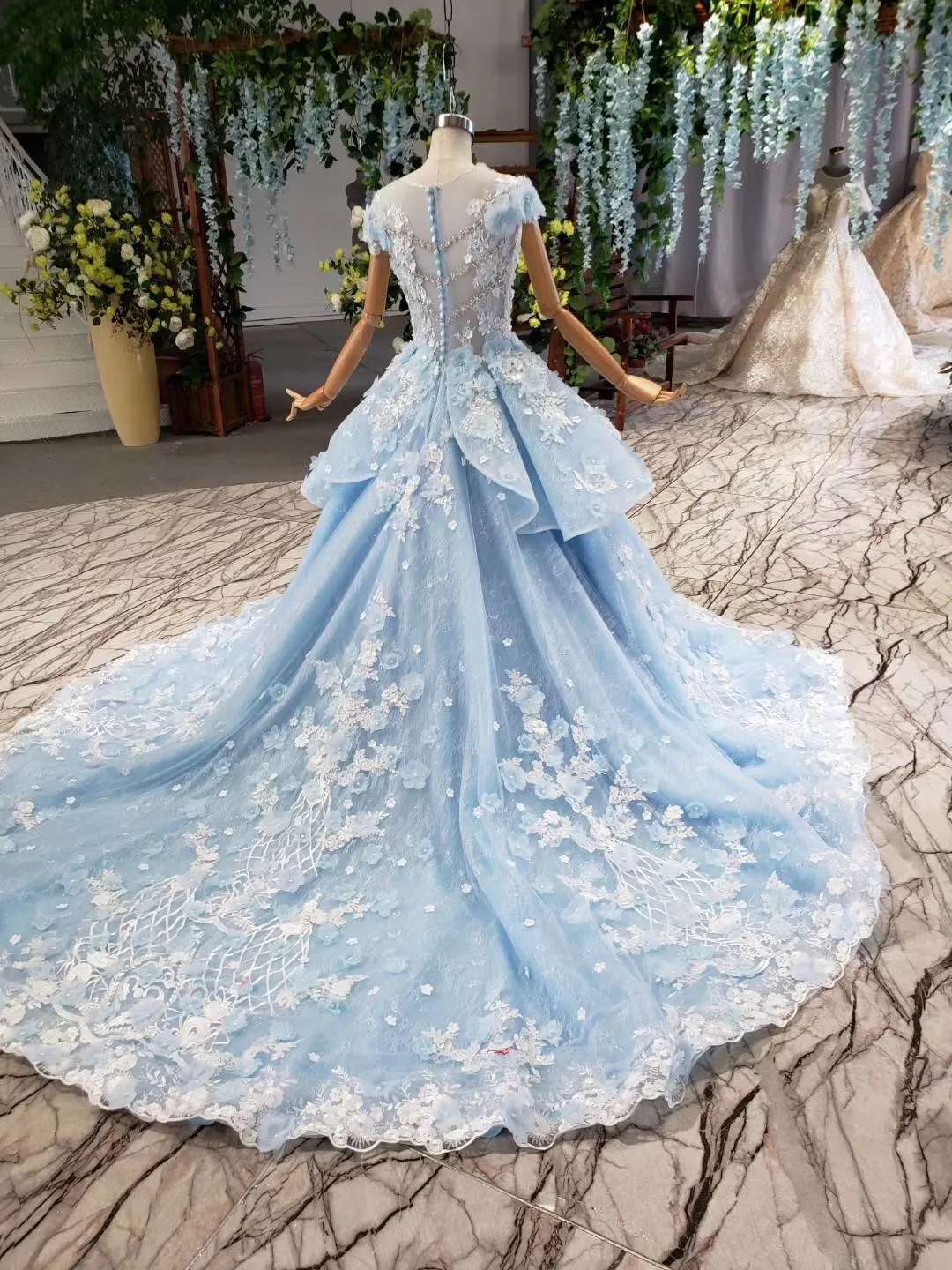 Princess Light Blue Ball Gown Cap Sleeve Prom Dresses with 3D Flowers Quinceanera Dress