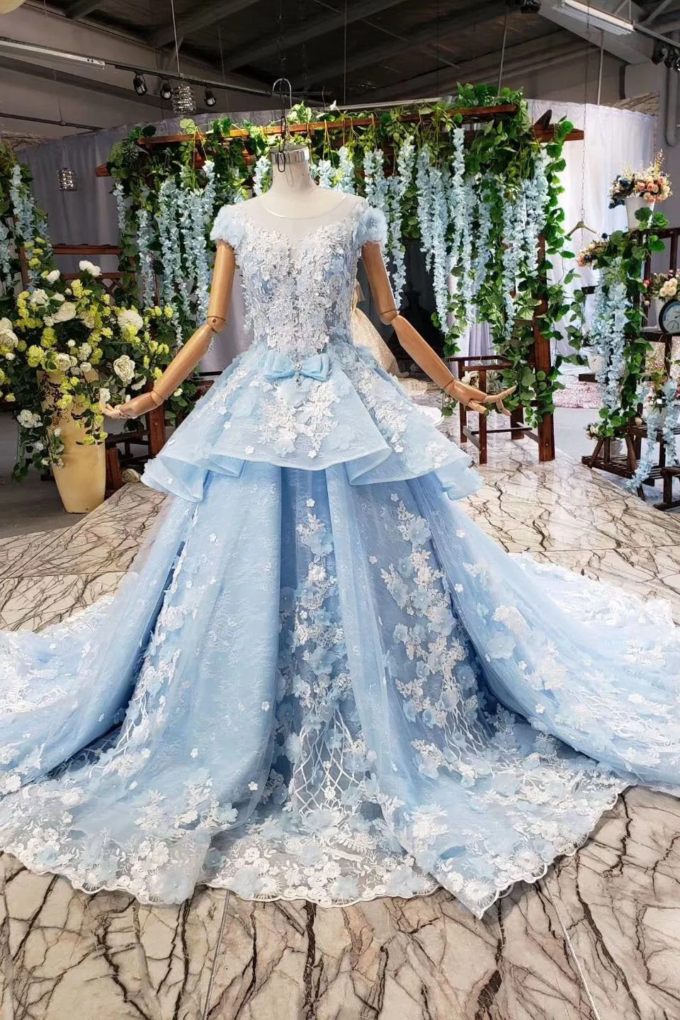 Princess Light Blue Ball Gown Cap Sleeve Prom Dresses with 3D Flowers Quinceanera Dress