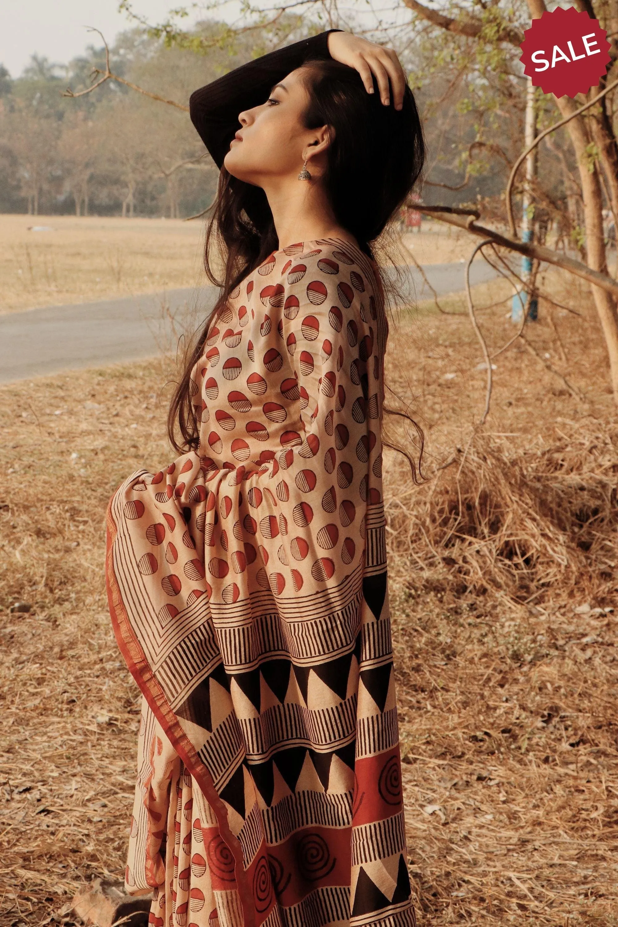 Roheda - Red Syahi Begar  handblockprinted silk cotton saree