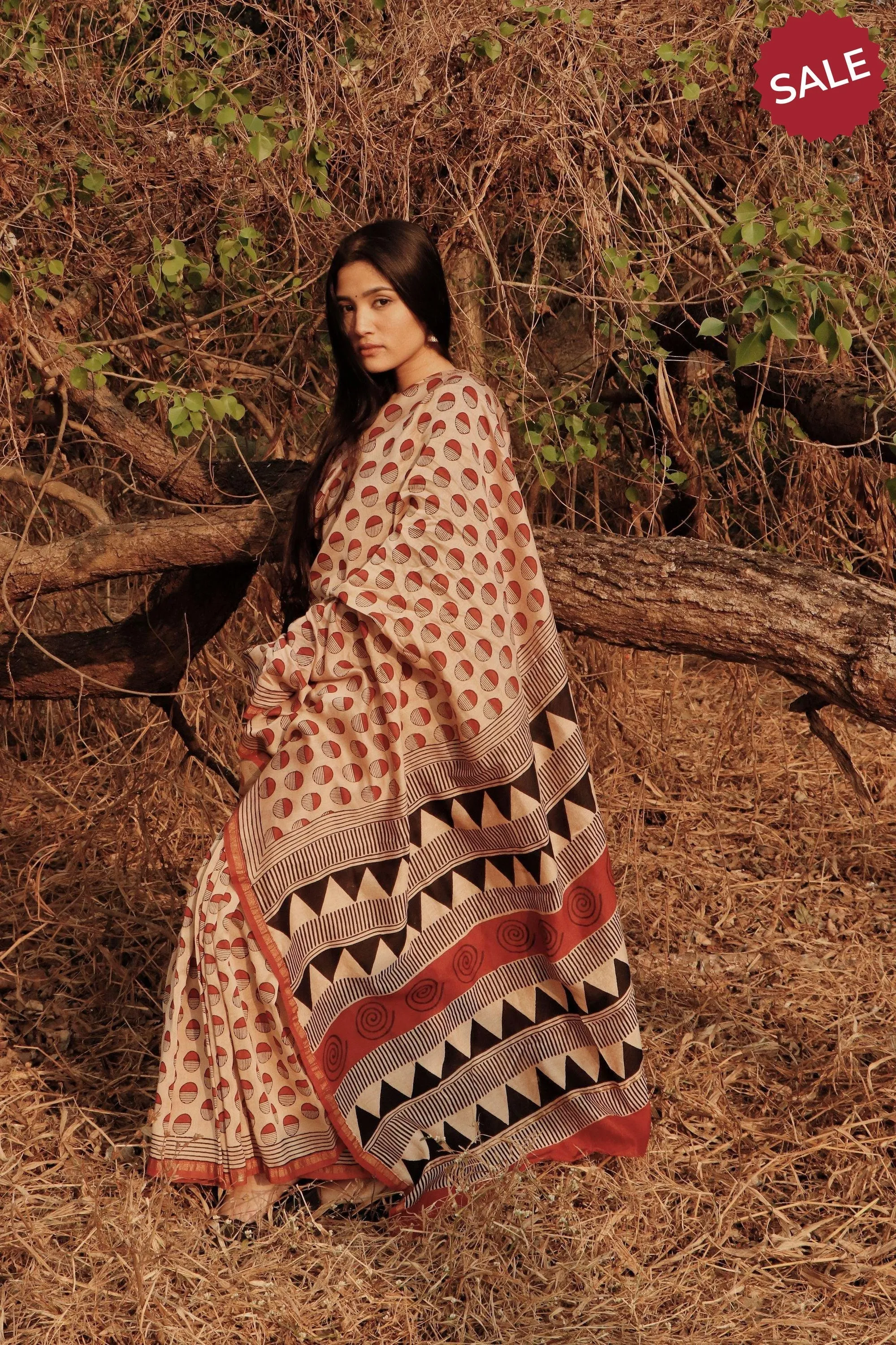 Roheda - Red Syahi Begar  handblockprinted silk cotton saree