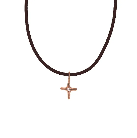 Rose Gold Diamond Cross Leather Necklace