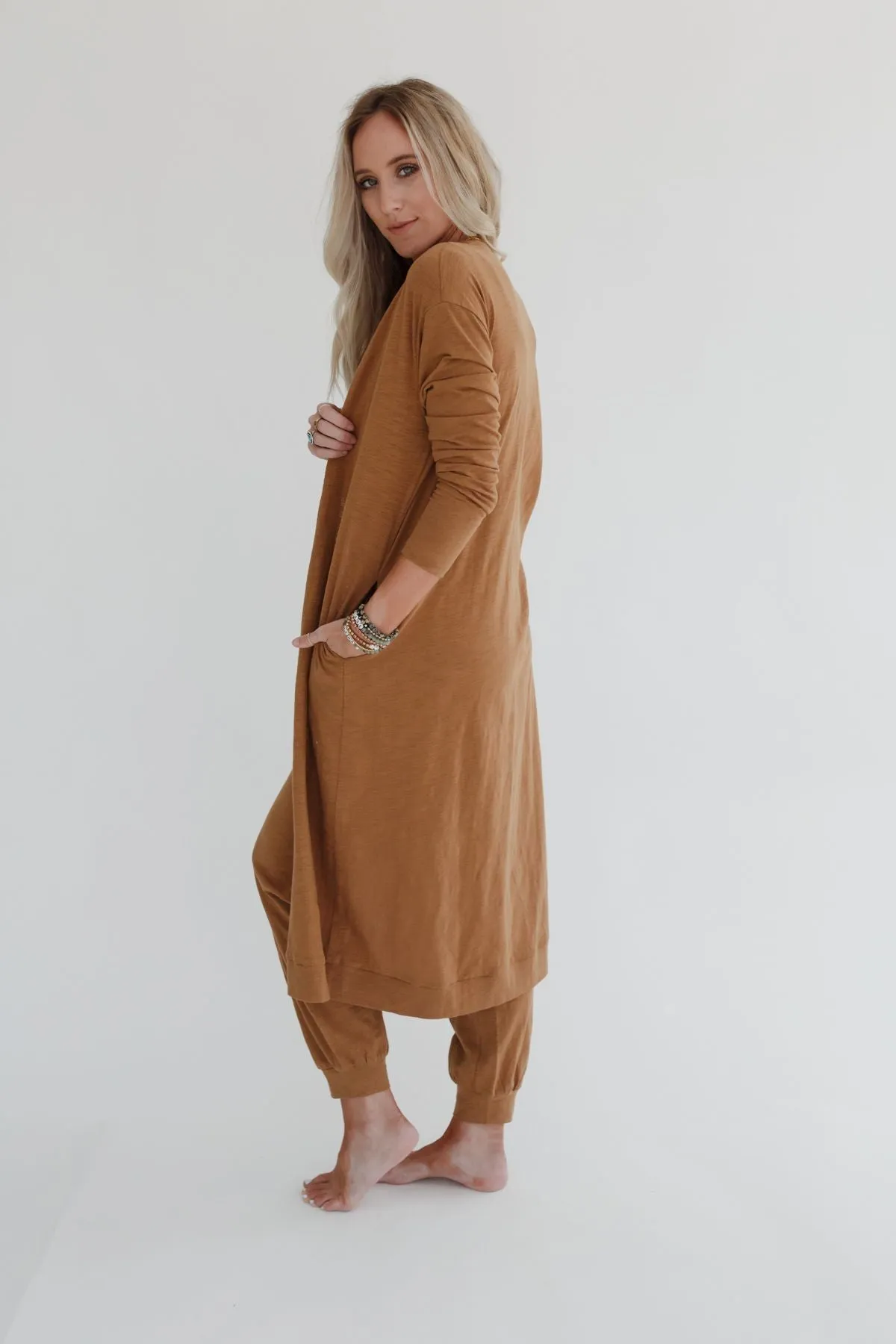 Set to Go Textured Jumpsuit And Cardigan Set - Camel