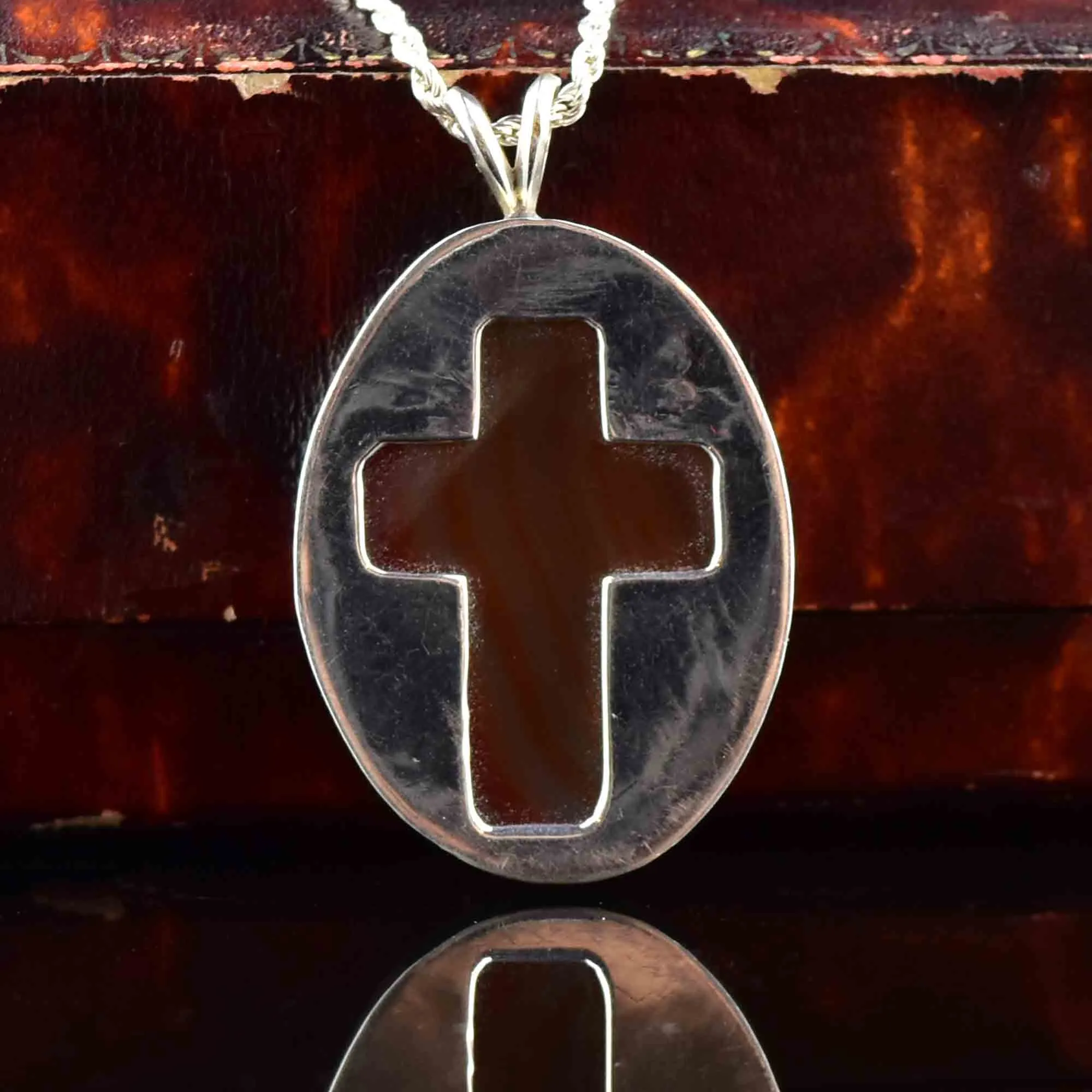 Silver Banded Agate Cross Pendant Necklace