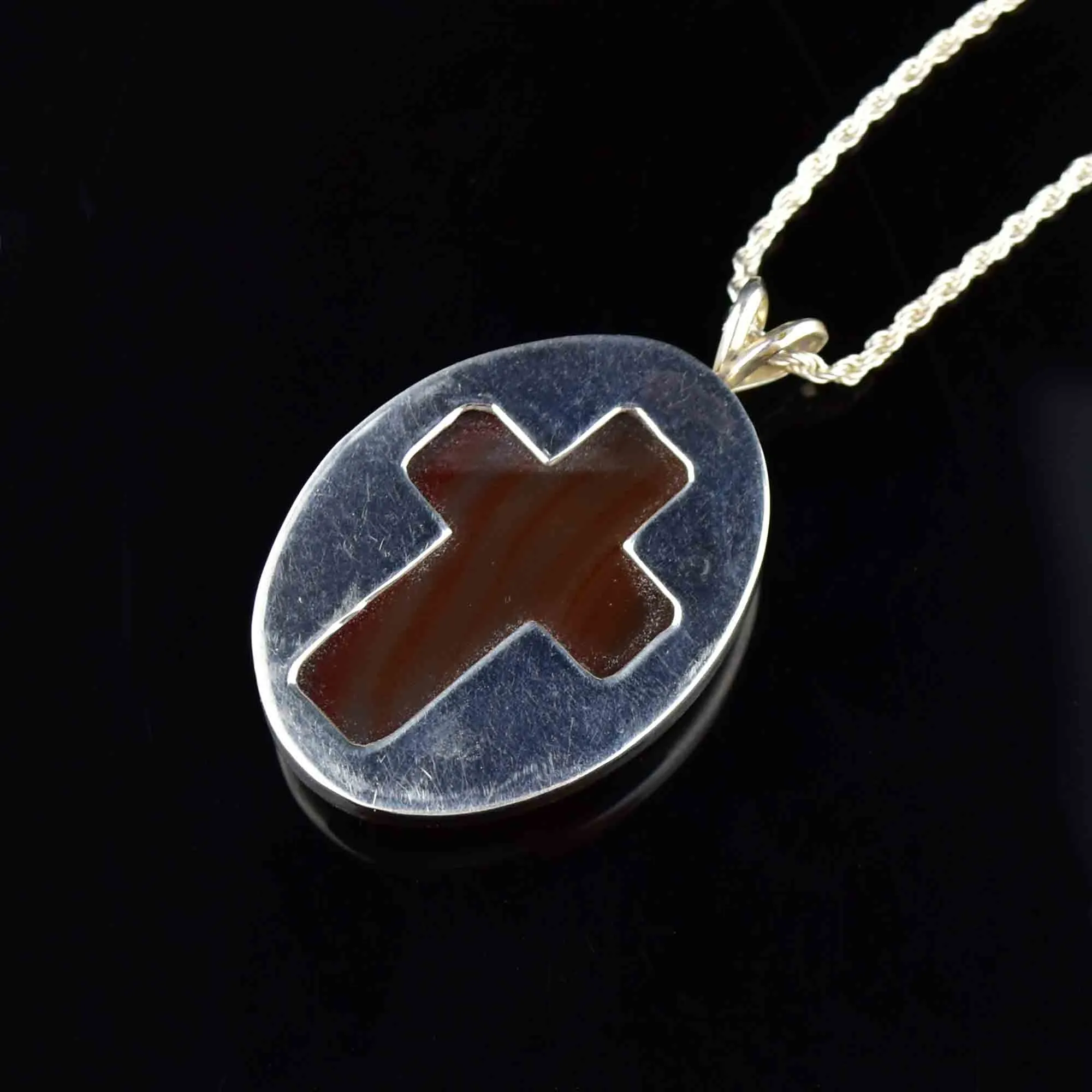 Silver Banded Agate Cross Pendant Necklace