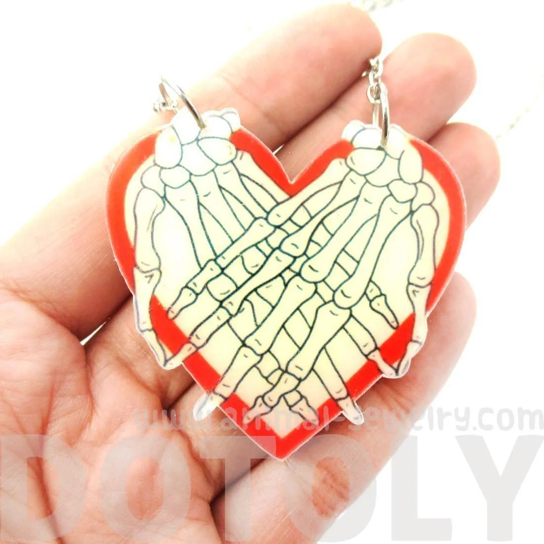 Skeleton Zombie Hands Over My Heart Shaped Pendant Necklace in Acrylic | DOTOLY